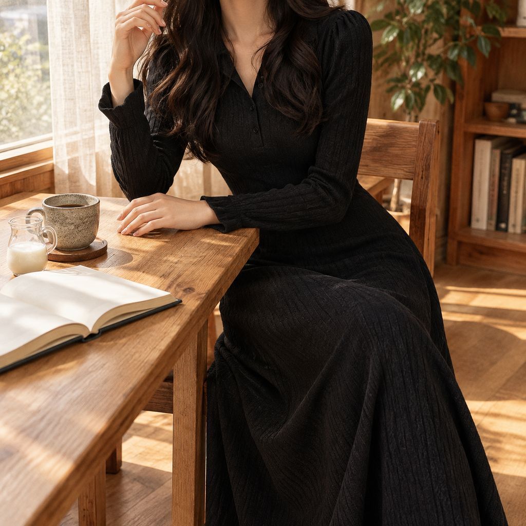 Brelira - レトロミニマリスト万能ニット長袖ワンピース（女性用）、春のスリムAラインスカート、秋冬新作ベースレイヤーロングドレス