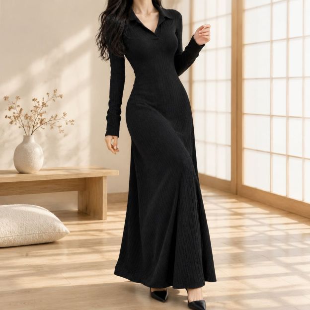 Brelira - レトロミニマリスト万能ニット長袖ワンピース（女性用）、春のスリムAラインスカート、秋冬新作ベースレイヤーロングドレス