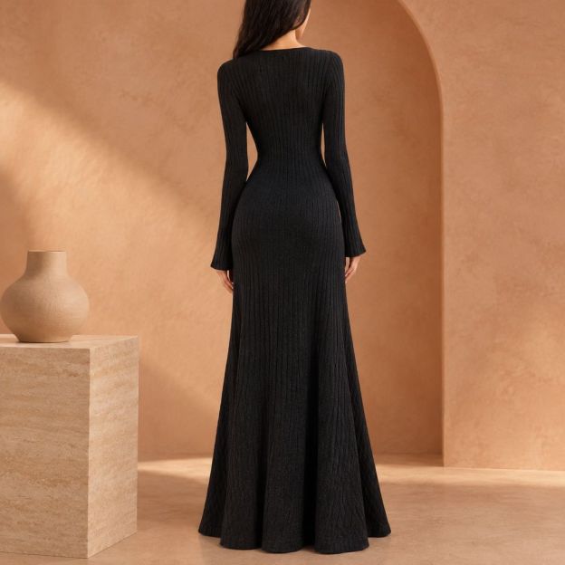 Brelira - レトロミニマリスト万能ニット長袖ワンピース（女性用）、春のスリムAラインスカート、秋冬新作ベースレイヤーロングドレス