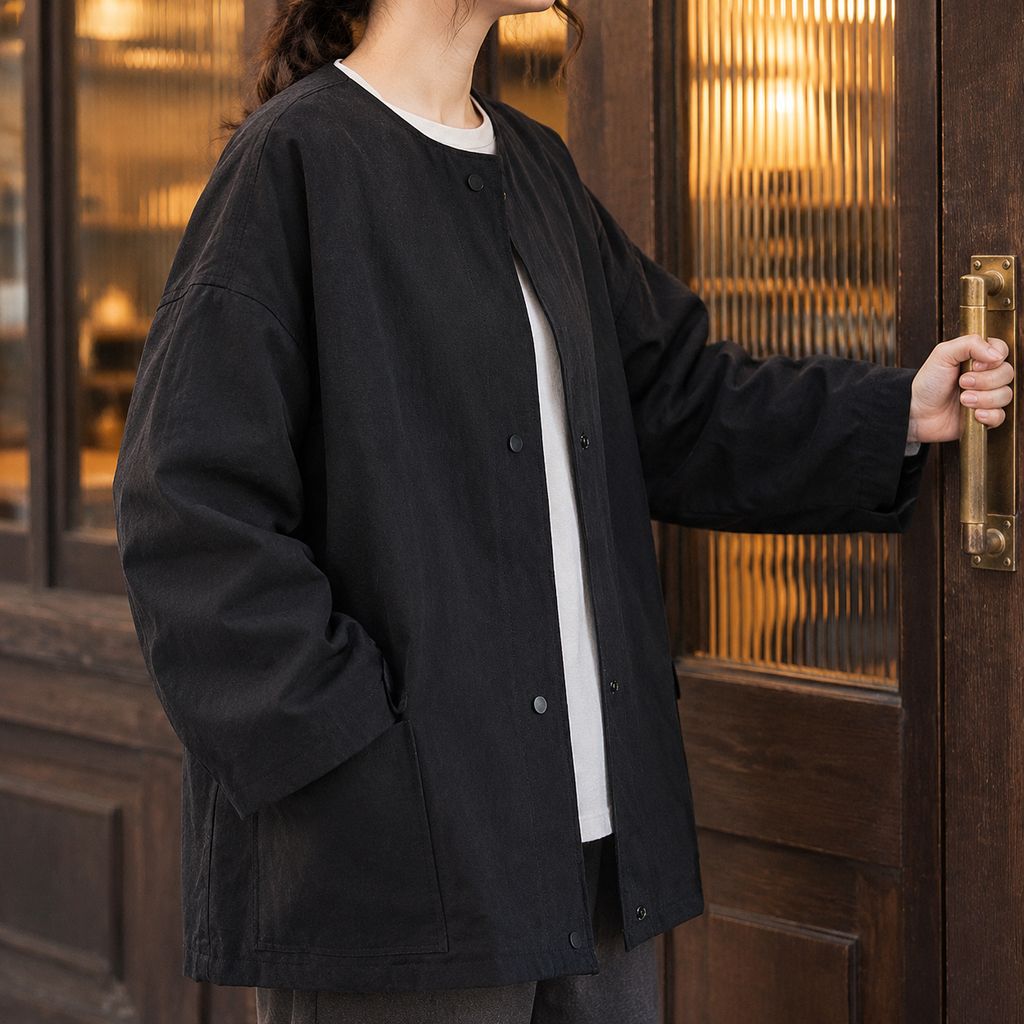 ダークテーマのニッチデザイン ゆったりラウンドネックのレトロコート