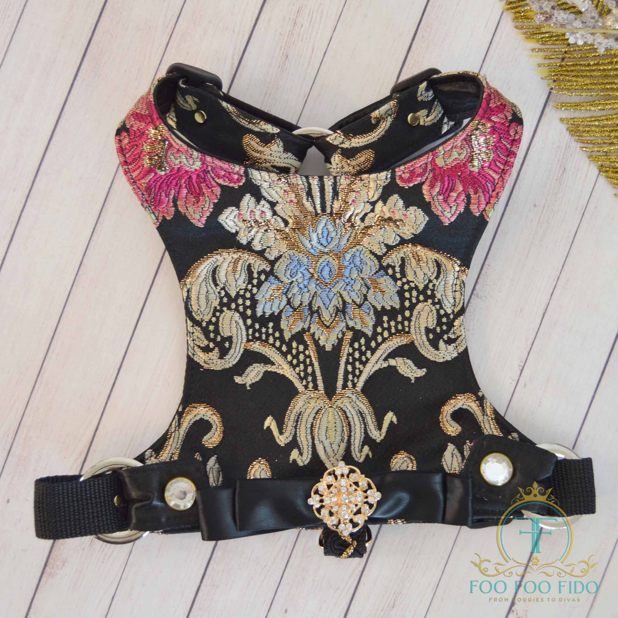 Brocade Dog Harness Vest: Elegant Black Rhinestone, Choke-Free