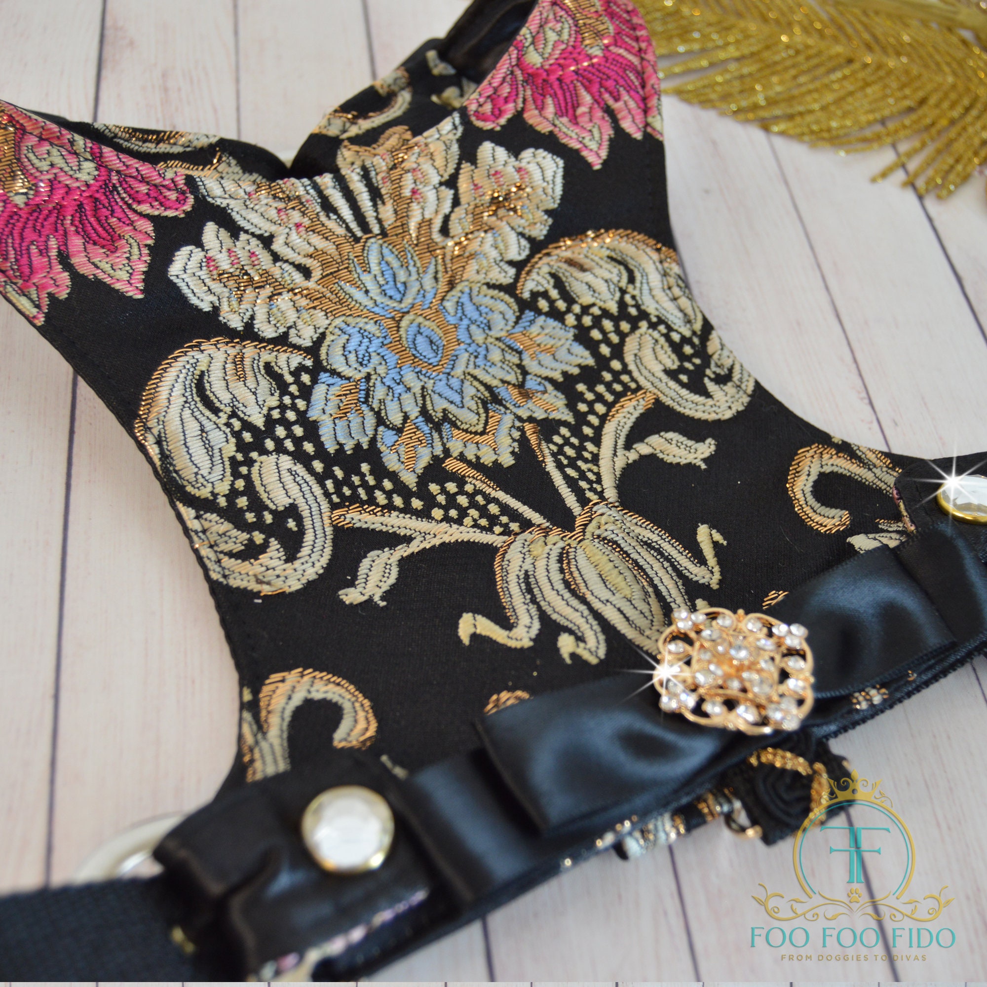 Brocade Dog Harness Vest: Elegant Black Rhinestone, Choke-Free