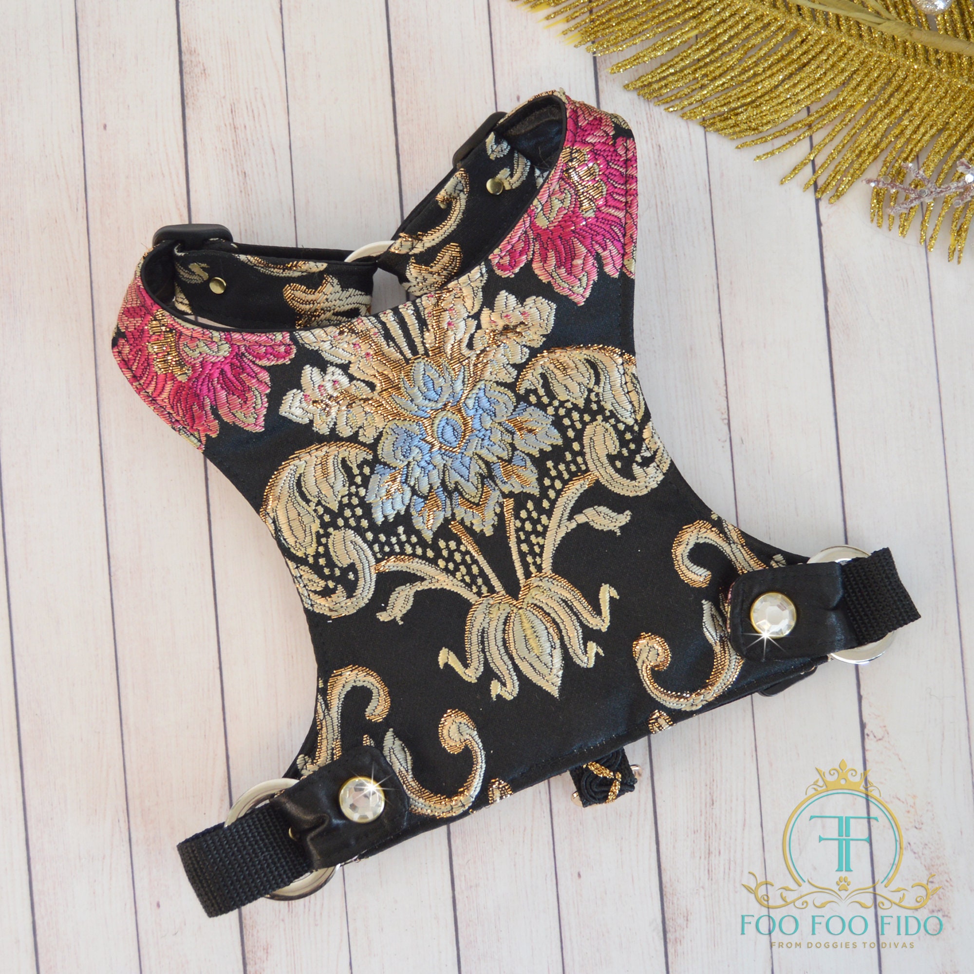 Brocade Dog Harness Vest: Elegant Black Rhinestone, Choke-Free