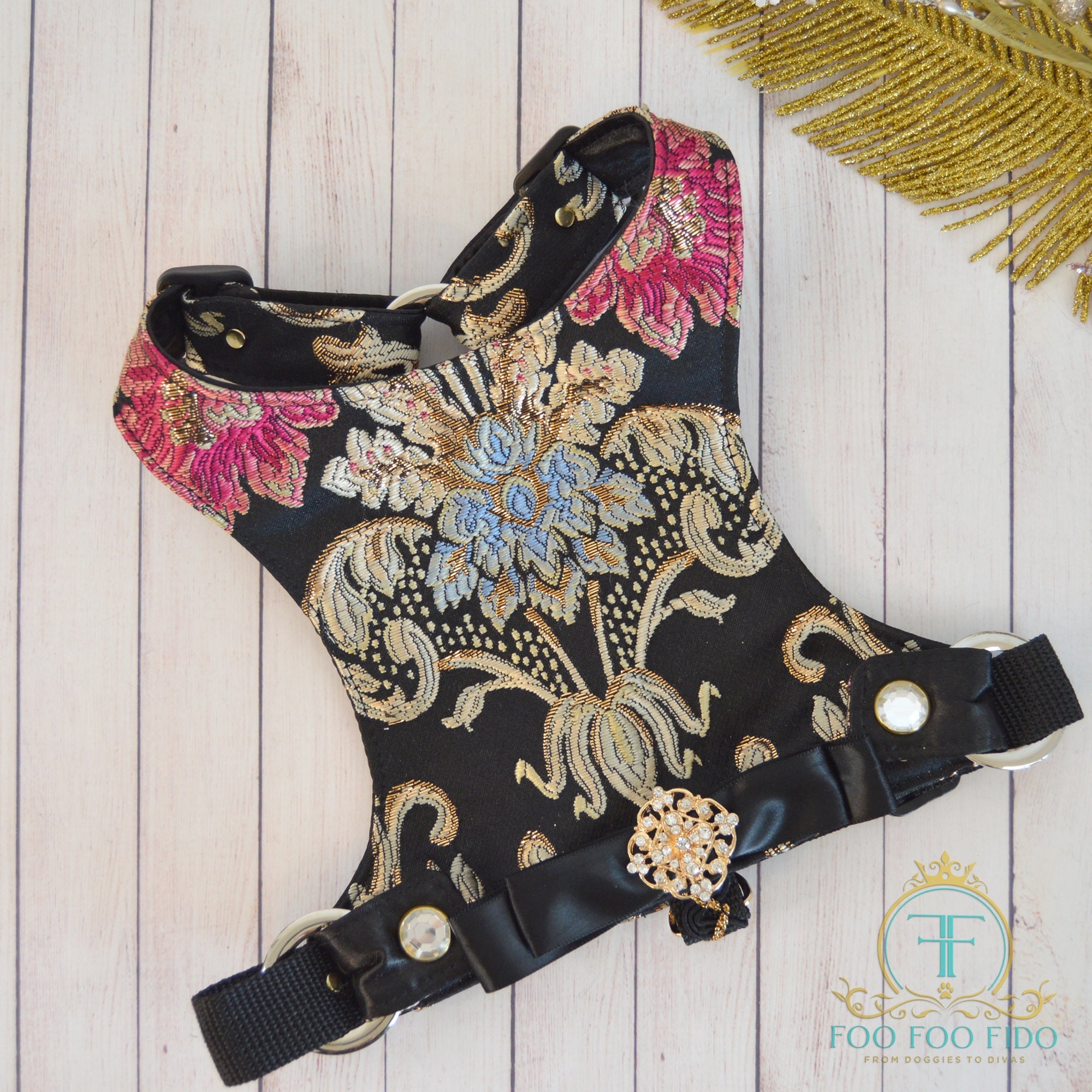 Brocade Dog Harness Vest: Elegant Black Rhinestone, Choke-Free