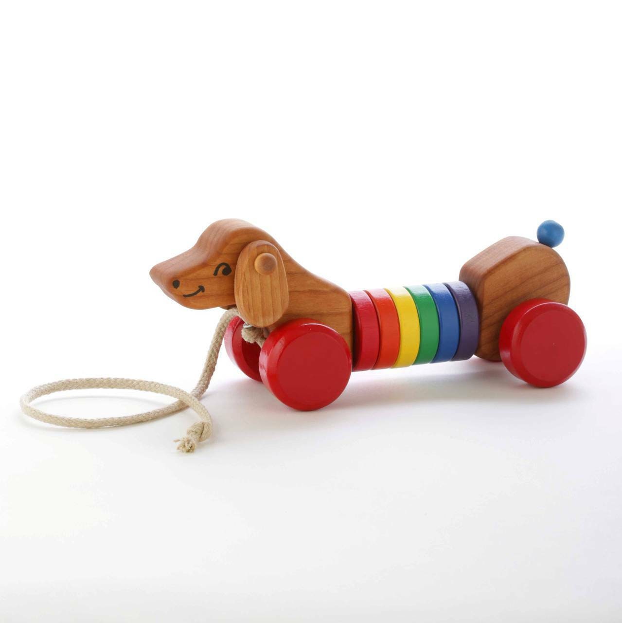 Bouncing Puppy Pull Toy - Wooden Rainbow Dog Pull Toy