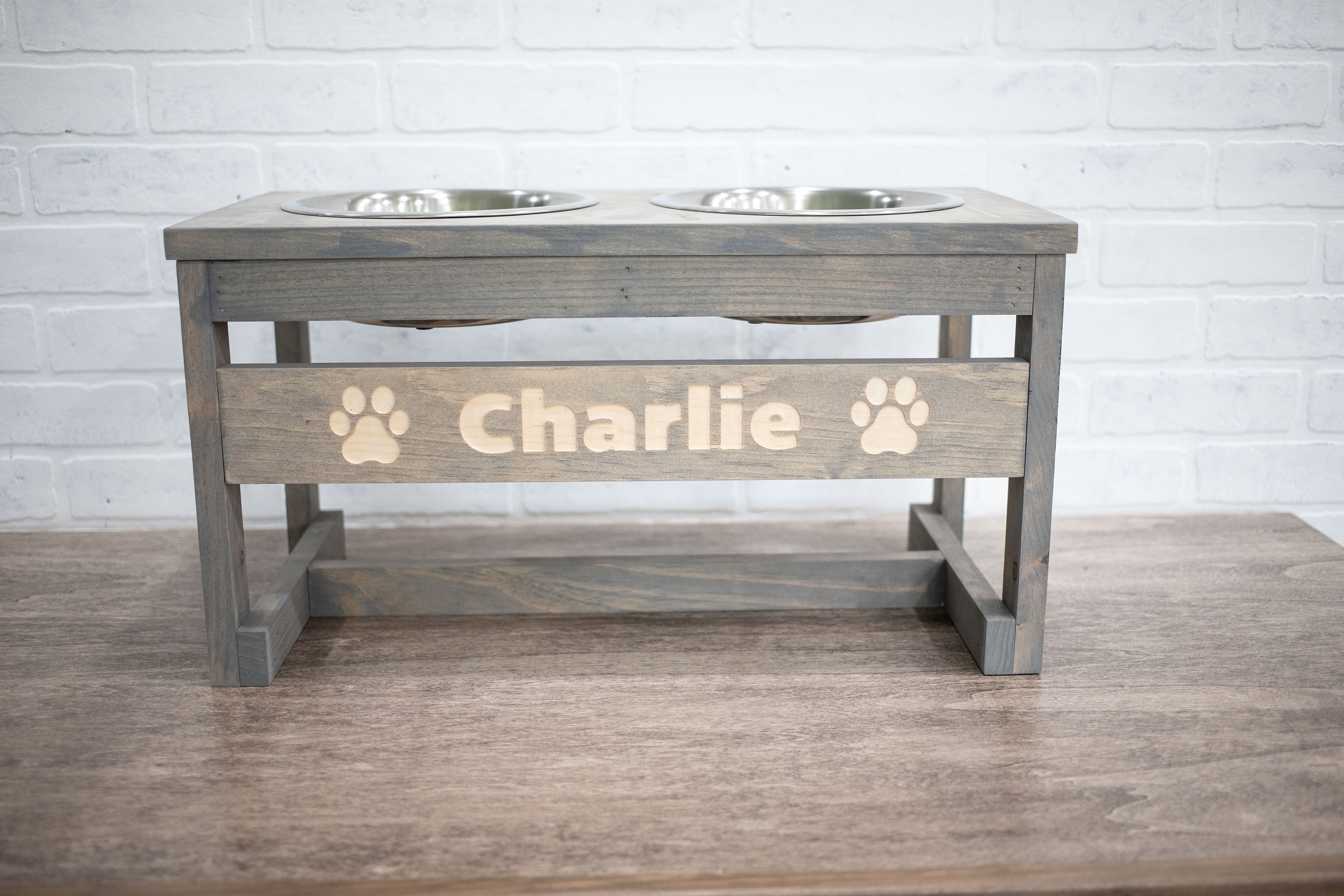 Raised Dog Food Stand with Stainless Steel Bowls, Elevated Wooden Pet Feeder