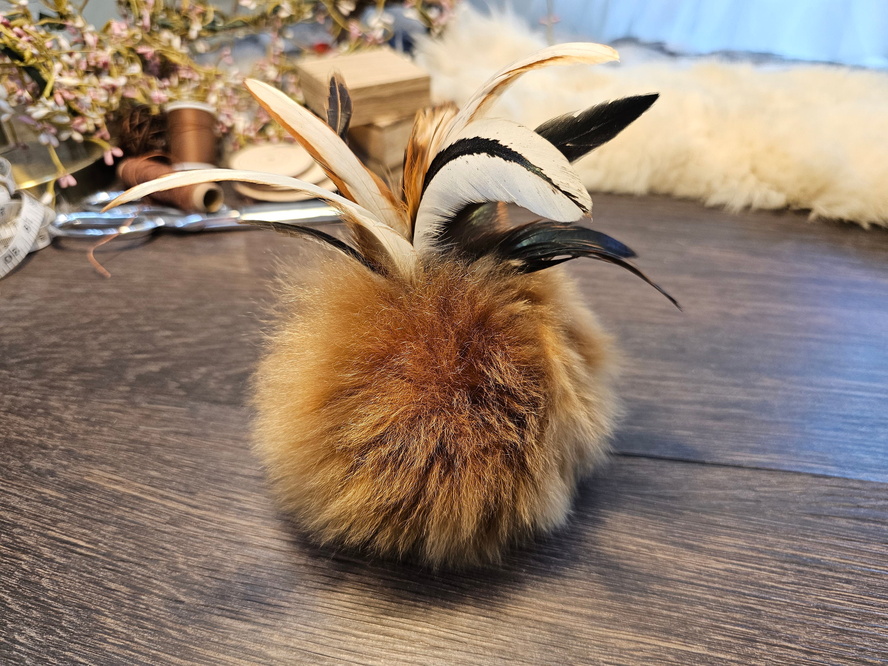 Alpaca Fur Pompom Cat Toy with Feathers