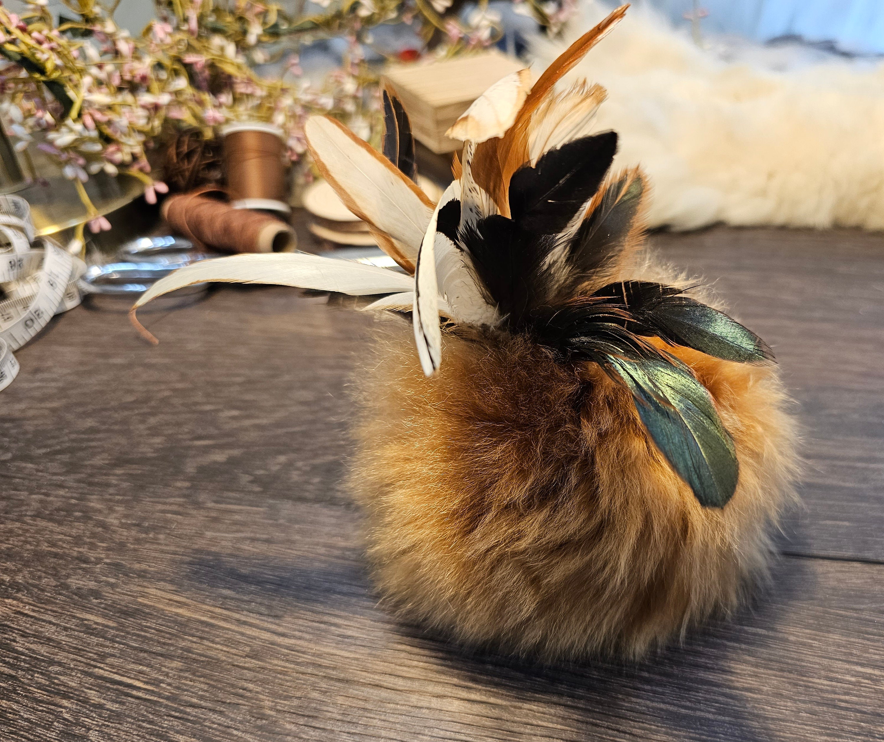 Alpaca Fur Pompom Cat Toy with Feathers