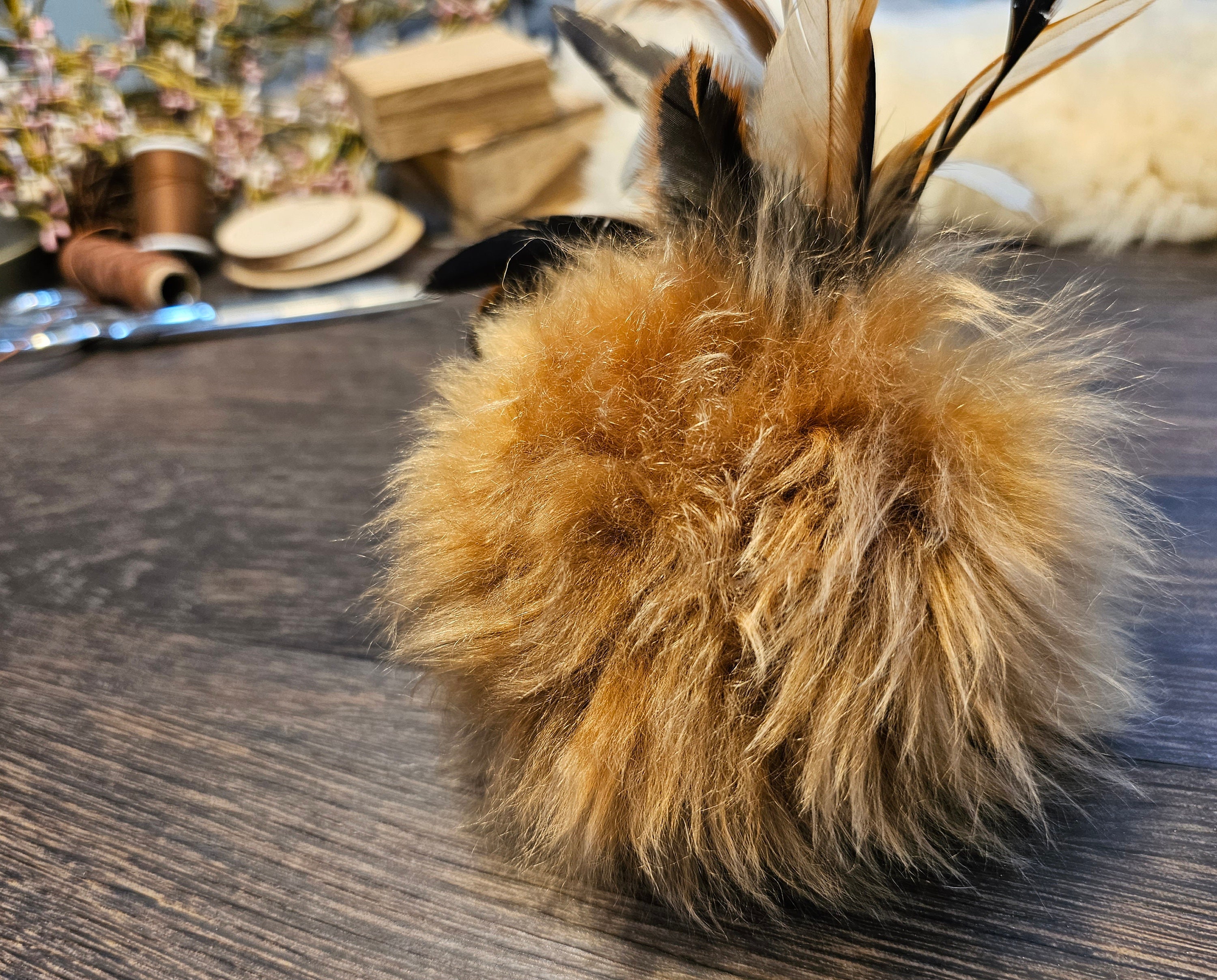 Alpaca Fur Pompom Cat Toy with Feathers