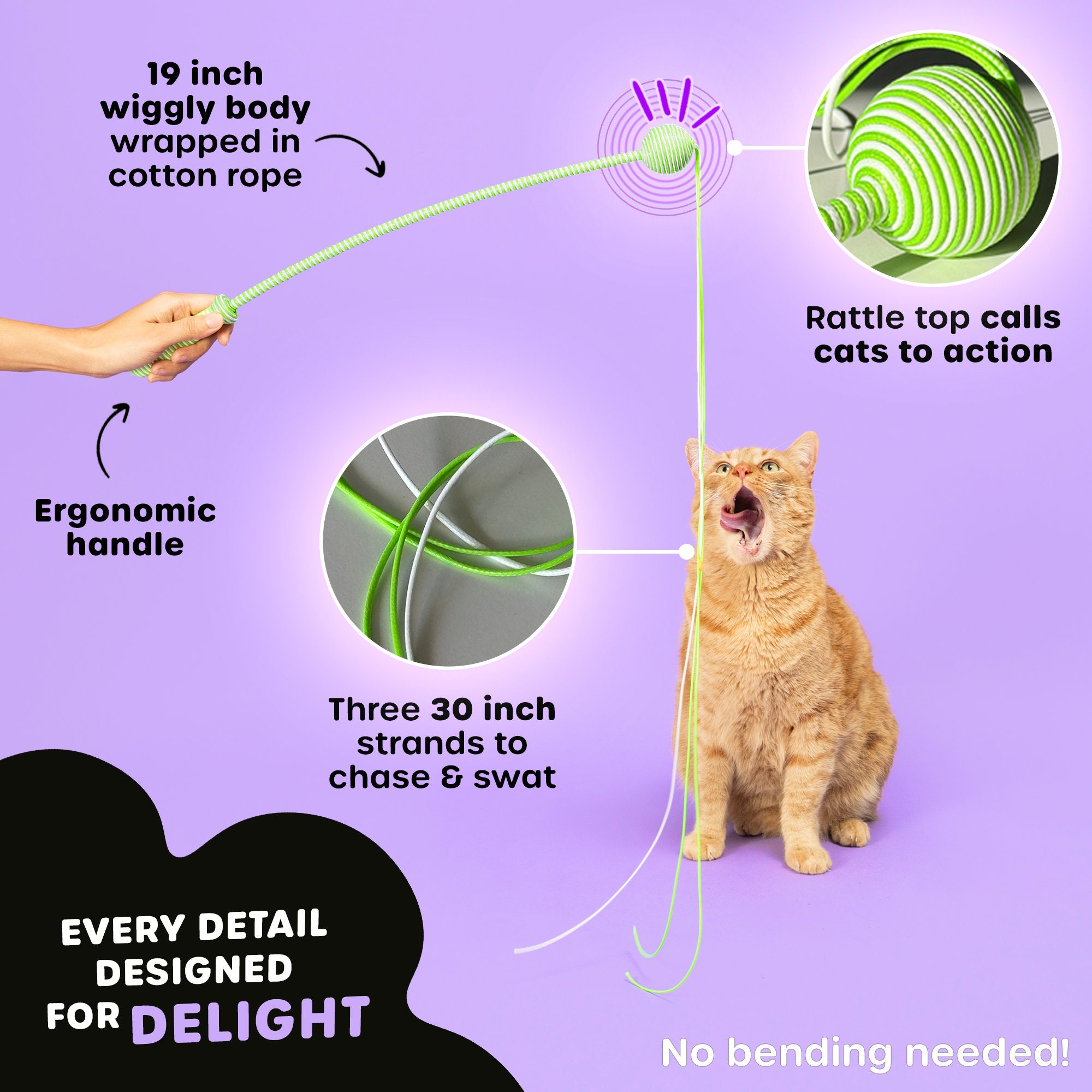 Interactive Wiggle Wand Cat Toy – Handmade Sensory Wand Toy for Cats, Durable and Engaging Snake Teaser Toy