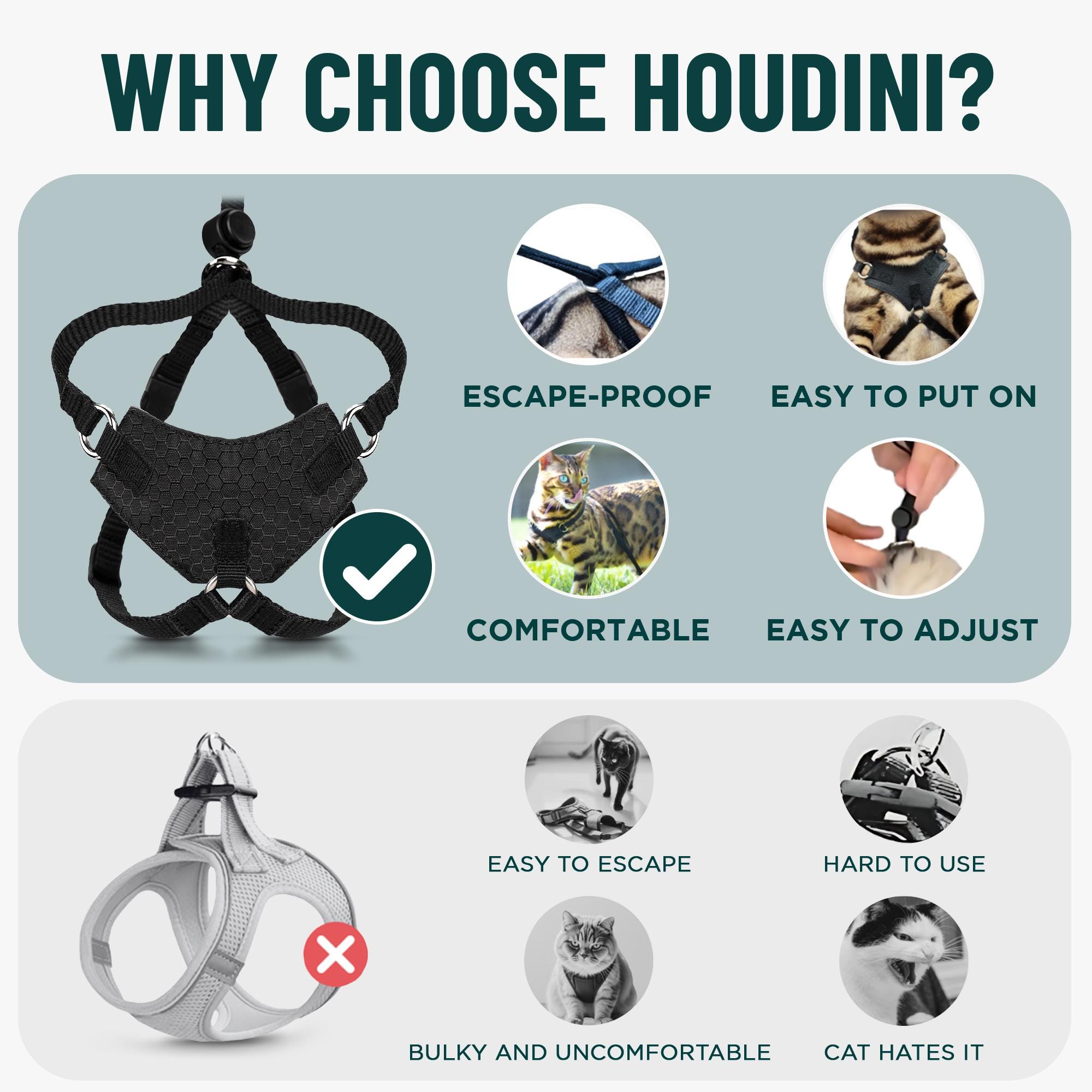 Houdini Escape-Resistant Cat Harness and Leash Set - Lightweight, Adjustable, Choke-Free