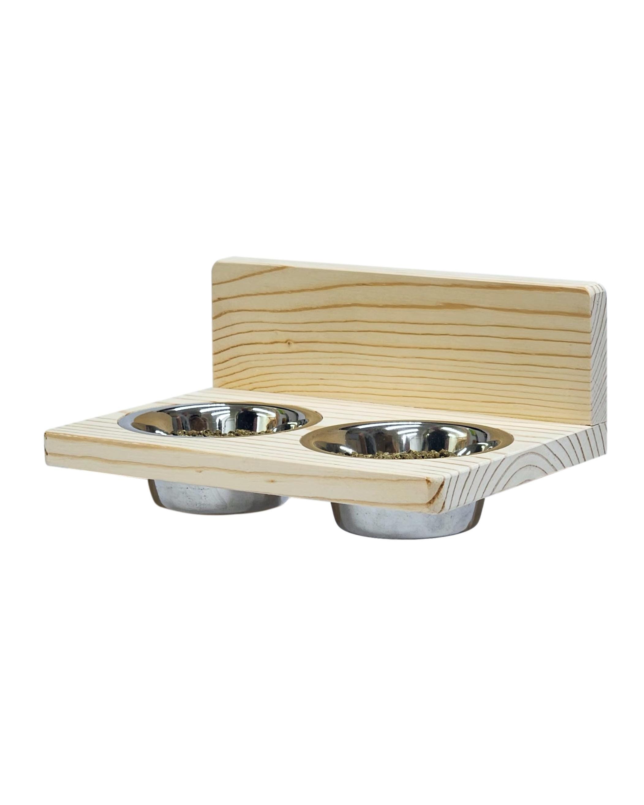 Hanging Double Feeder with Stainless Steel Bowls for Small Pets, Kiln Dried Pine