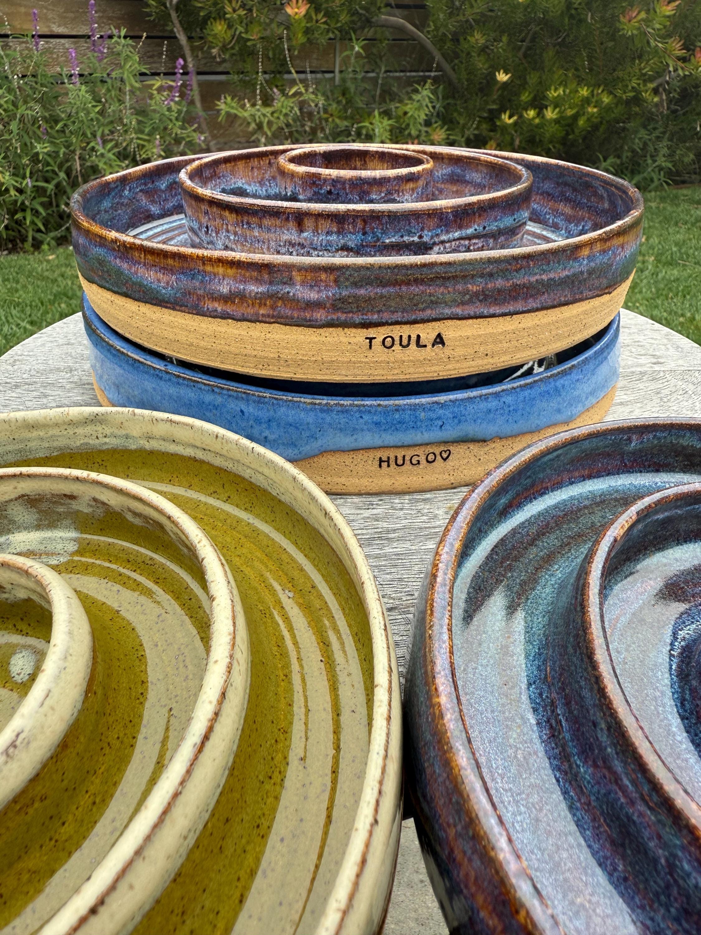 Handmade Slow Feeder Pet Food Bowls & Dishes for Medium Large Dogs, Stoneware Wheel-Thrown Pottery