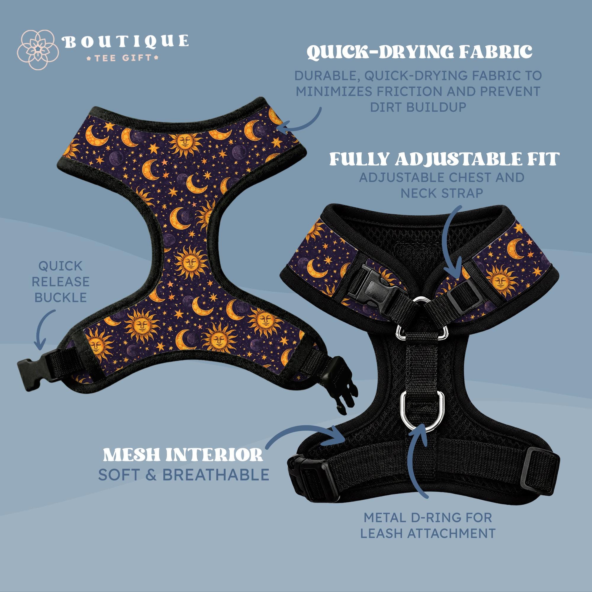 Celestial Dog Harness and Collar Set | Custom Engraved Dog Collars with Metal Buckle | No Pull Harness for Small Dog (DOG37_2)