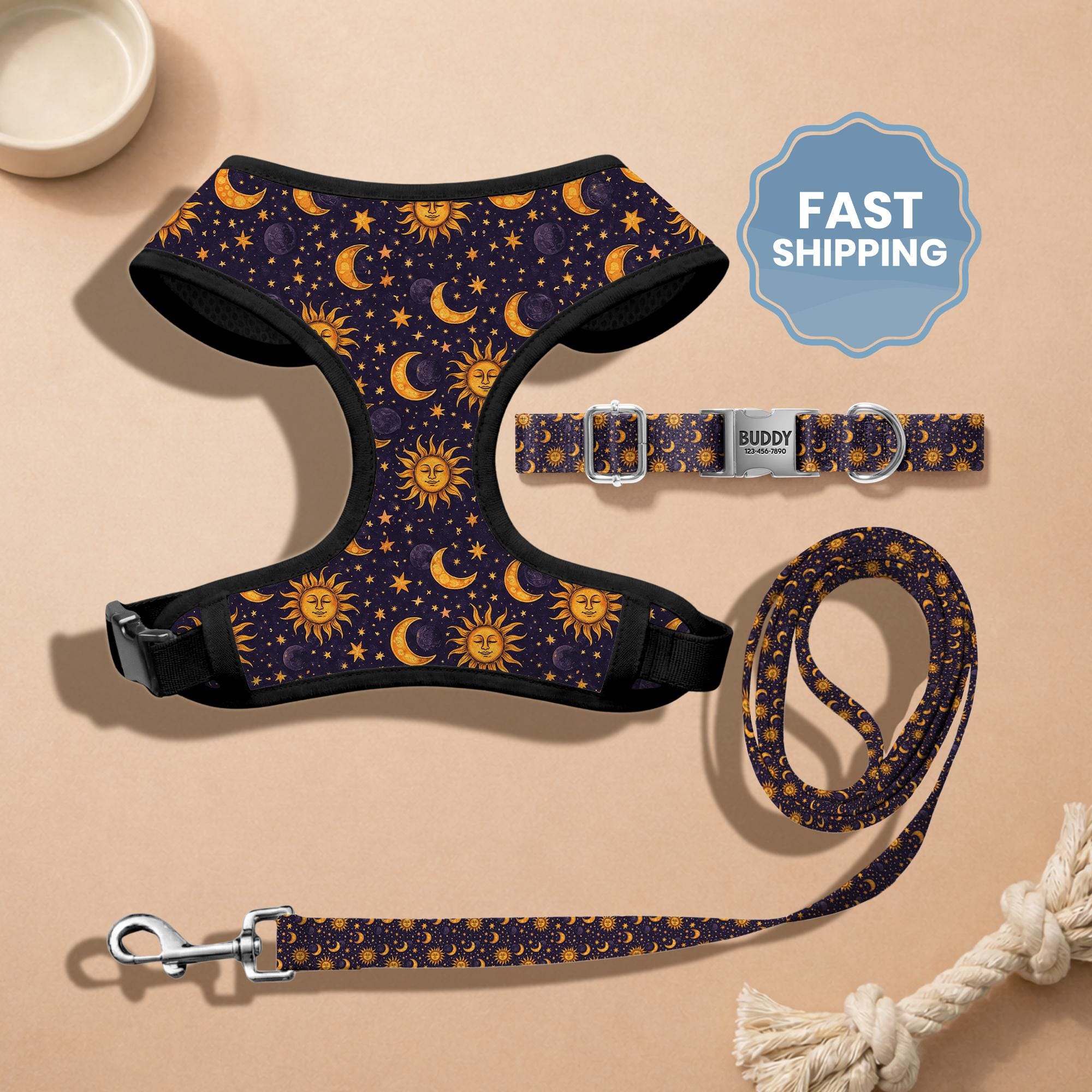 Celestial Dog Harness and Collar Set | Custom Engraved Dog Collars with Metal Buckle | No Pull Harness for Small Dog (DOG37_2)