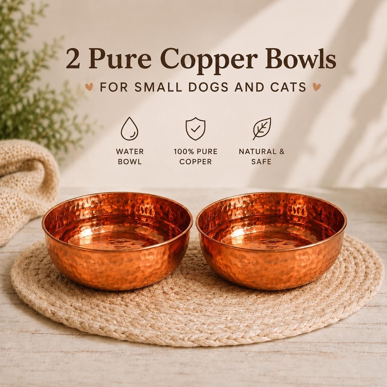 Set of 2 Hammered Pure Copper Pet Water Bowls for Cats and Small Dogs