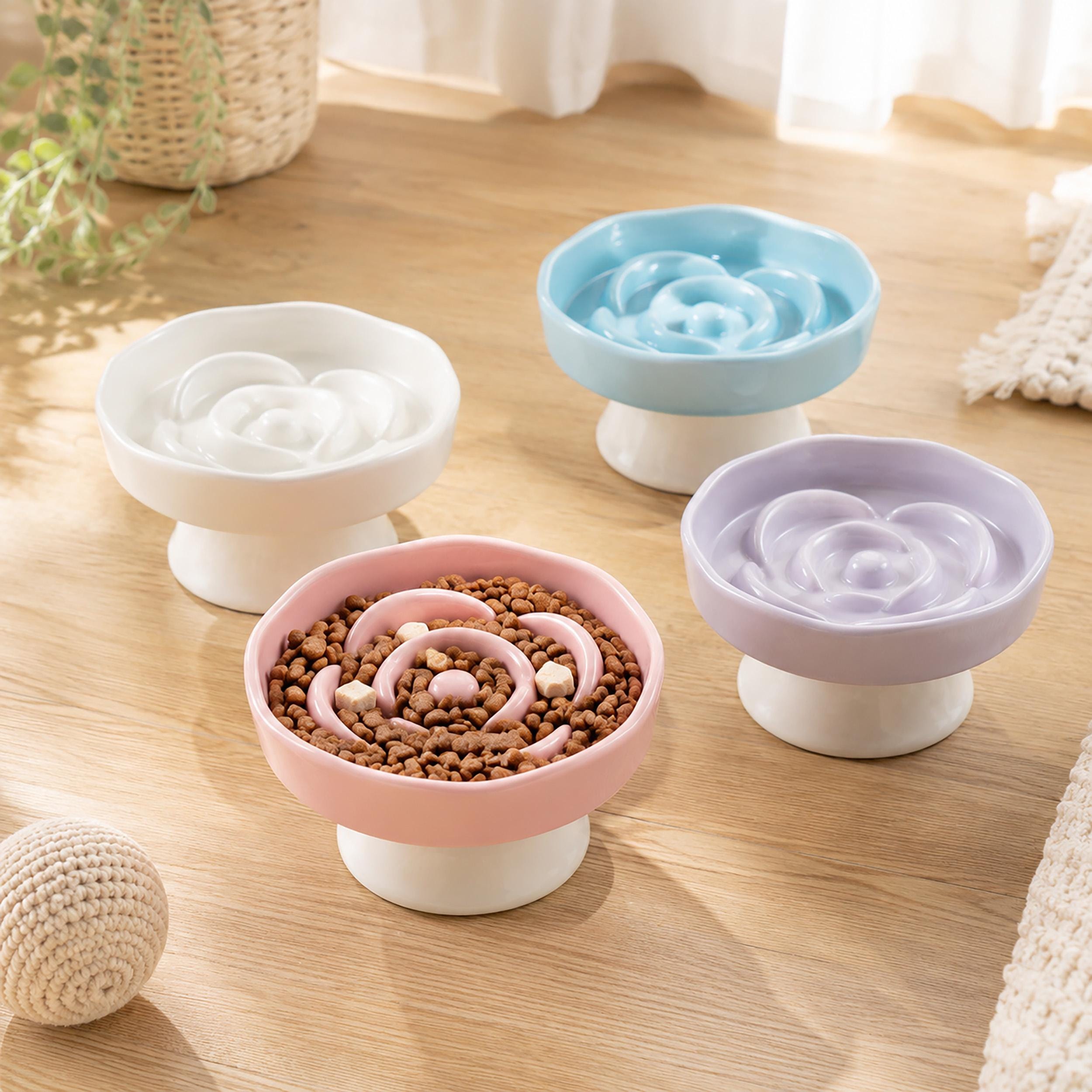 Ceramic Raised Slow Feeder Cat Bowl, Flower Shaped Pet Food Dish, Elevated Anti-Gulp Cat Bowl, Glossy Ceramic Bowl for Cats & Small Dogs