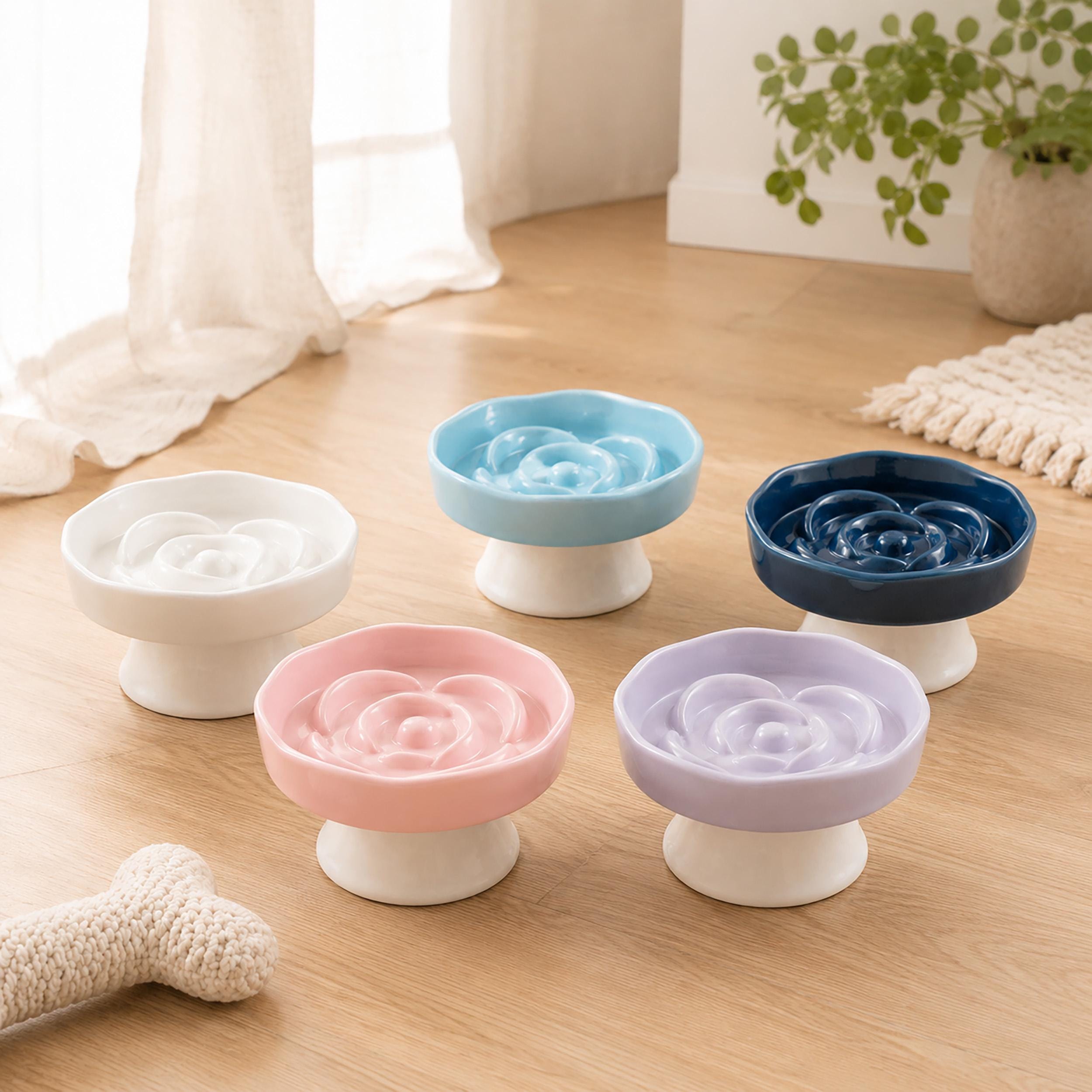 Ceramic Raised Slow Feeder Cat Bowl, Flower Shaped Pet Food Dish, Elevated Anti-Gulp Cat Bowl, Glossy Ceramic Bowl for Cats & Small Dogs