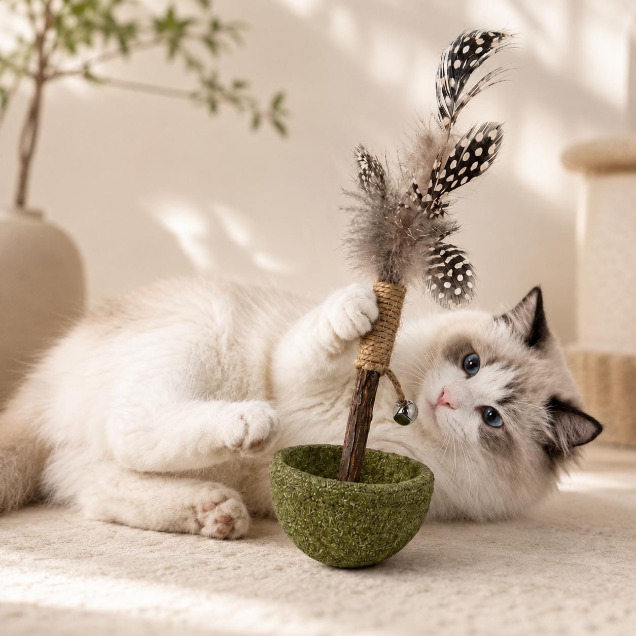 Interactive Cat Feather Toy with Catnip Bell, Wobble Teaser Cat Toy, Natural Sisal Wand for Indoor Cats Kittens