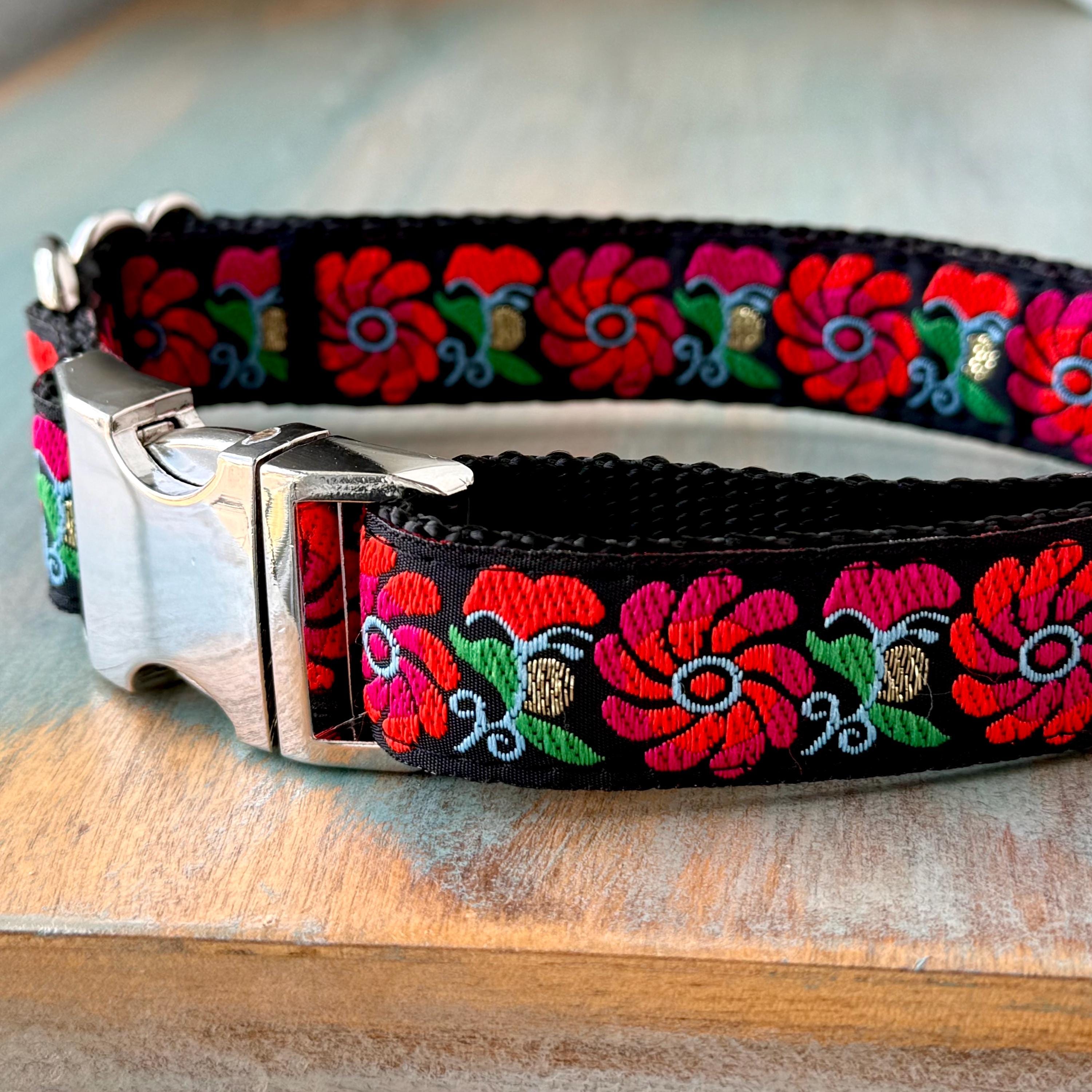 Neon Floral Dog Collar, Matching Leash, or Step-in Harness, XS-XL, Jacquard on Nylon