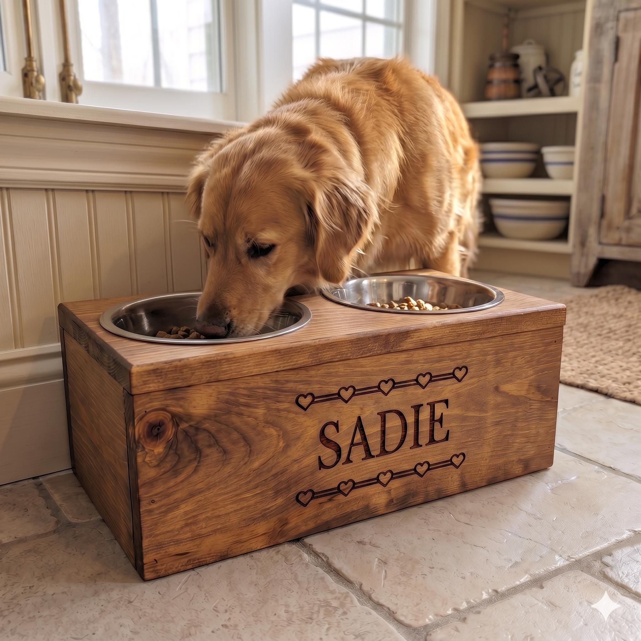 Personalized Wooden Dog Bowl Holder with Custom Engraving