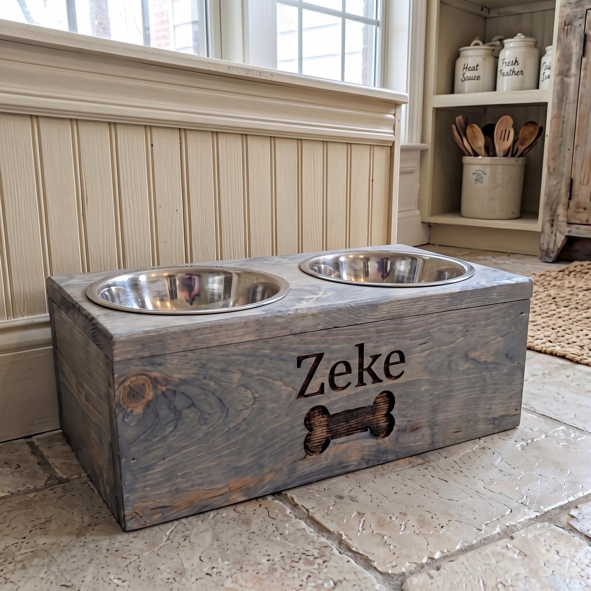 Personalized Wooden Dog Bowl Holder with Custom Engraving