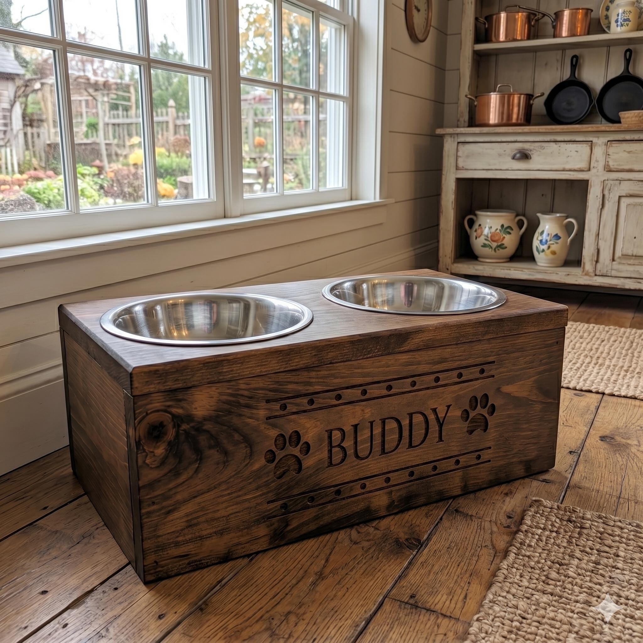 Personalized Wooden Dog Bowl Holder with Custom Engraving