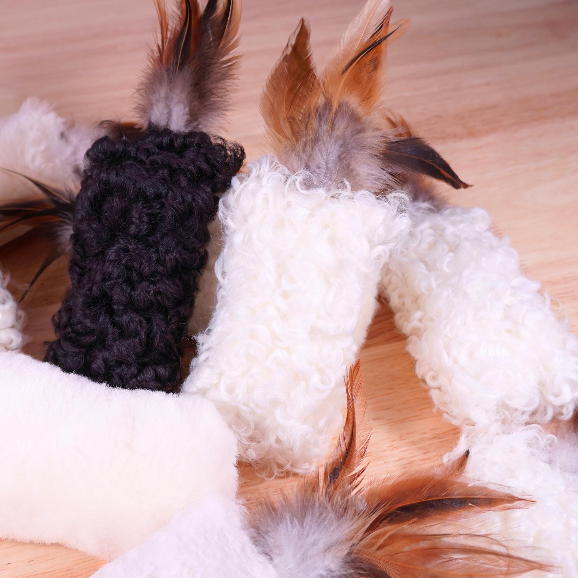 Sheepskin Wool Cat Kicker Toys with Natural Pheasant Feathers