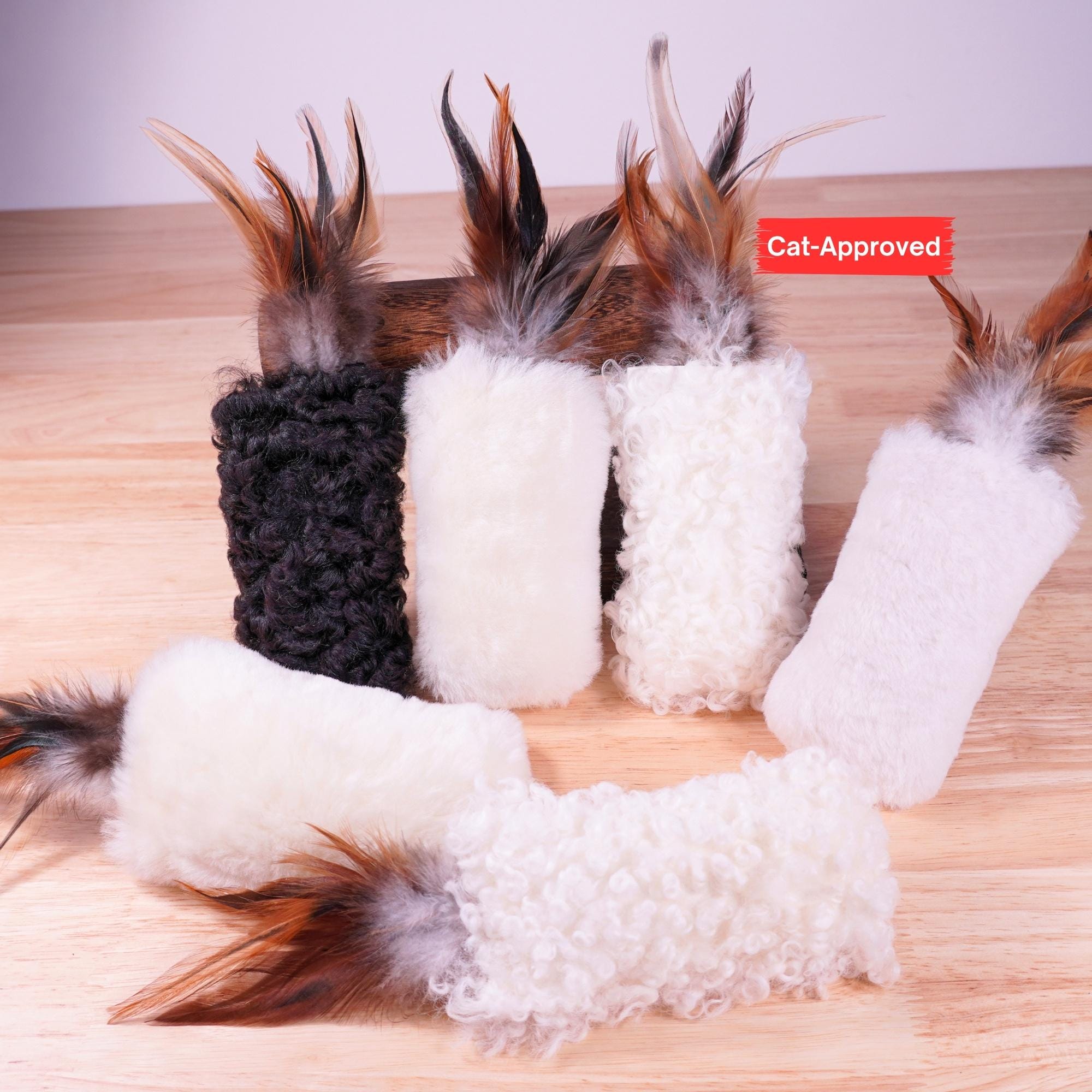Sheepskin Wool Cat Kicker Toys with Natural Pheasant Feathers