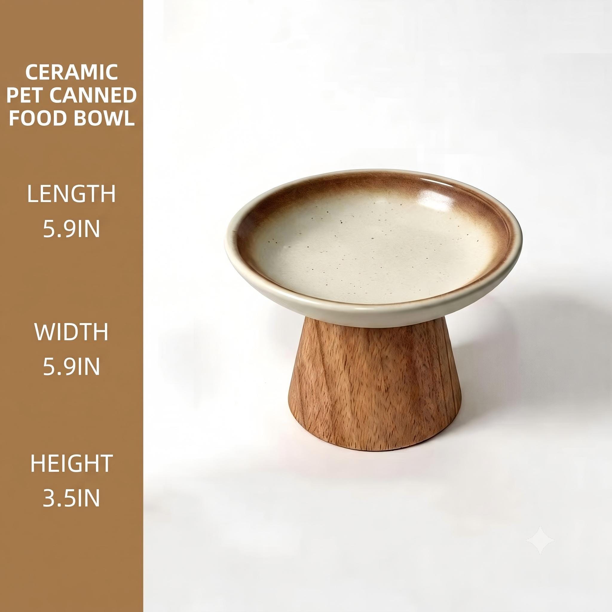 Elevated Ceramic Cat Bowl with Wood Stand, Raised Pet Feeder, Whisker Friendly Shallow Dish