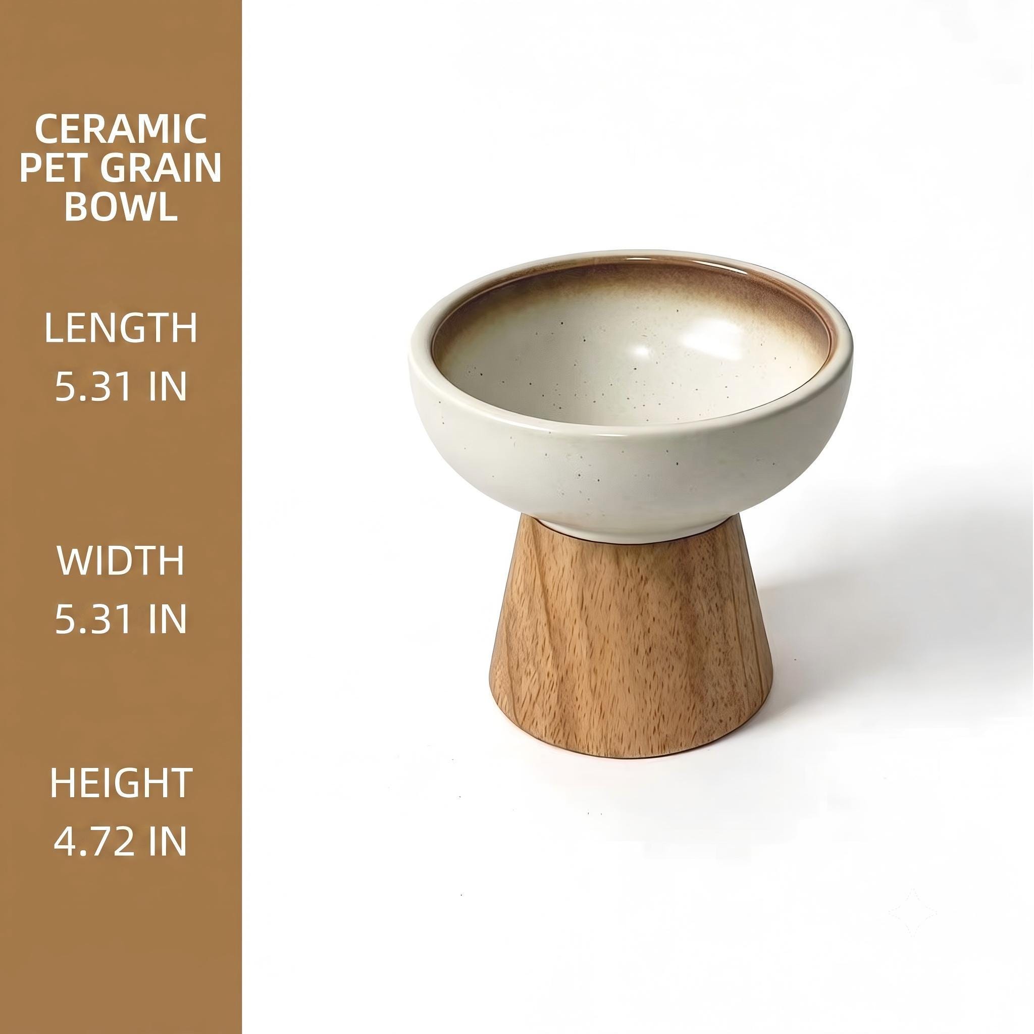 Elevated Ceramic Cat Bowl with Wood Stand, Raised Pet Feeder, Whisker Friendly Shallow Dish