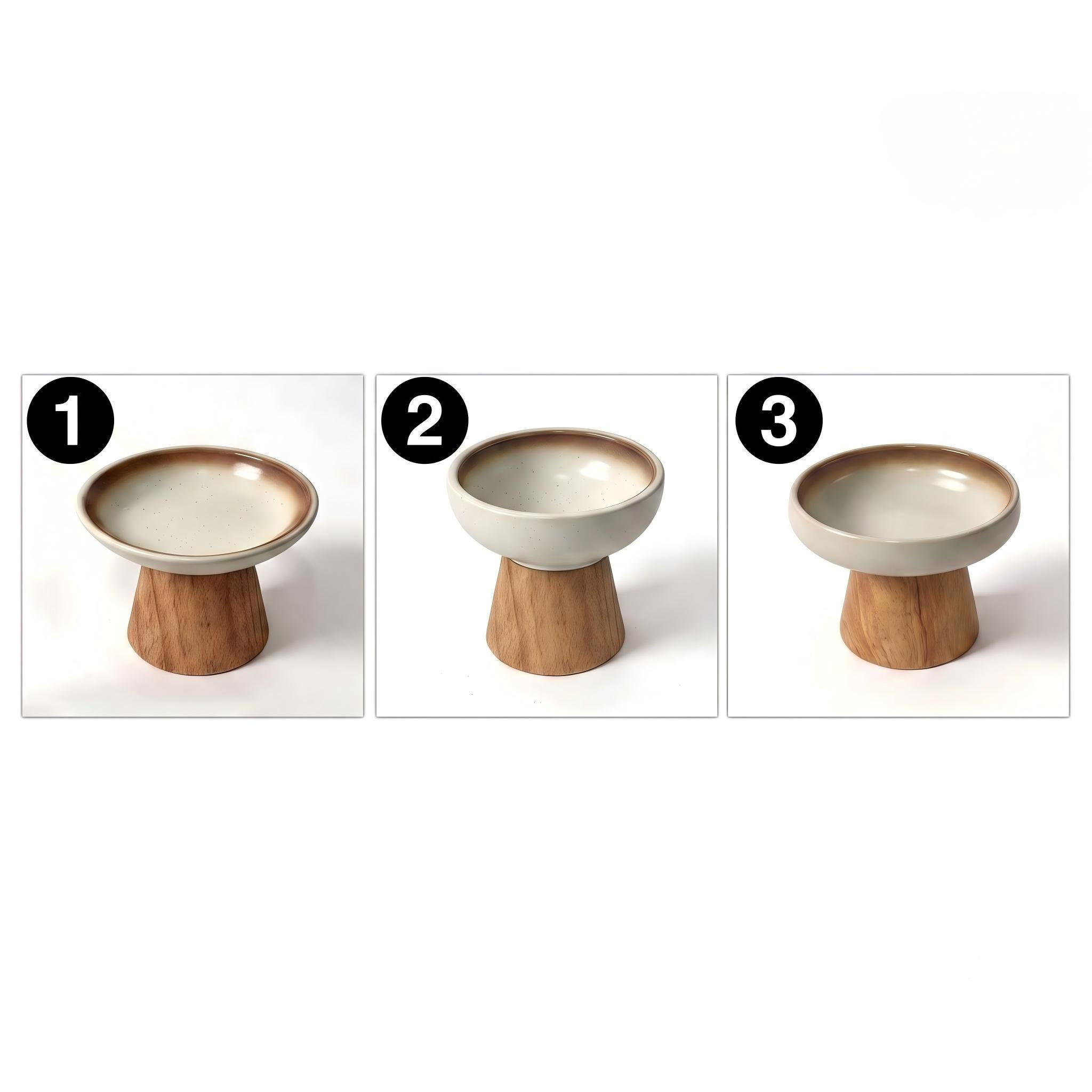 Elevated Ceramic Cat Bowl with Wood Stand, Raised Pet Feeder, Whisker Friendly Shallow Dish
