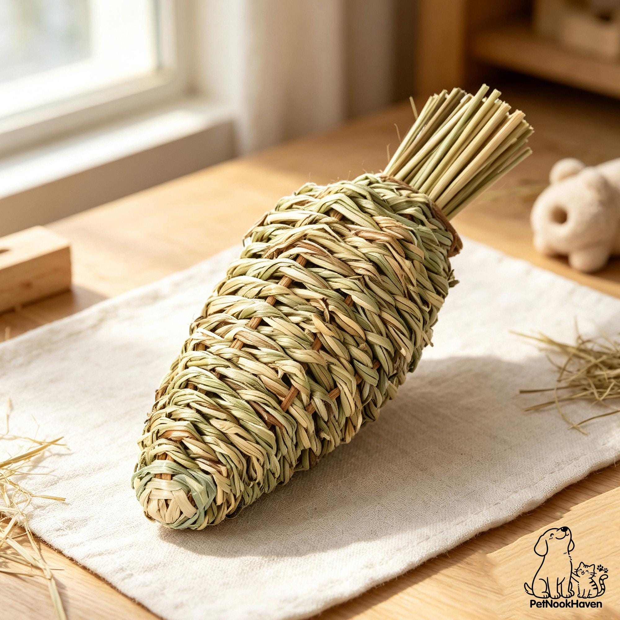 Hand Woven Grass Small Pet Toy Set, Crown Carrot Tunnel Chew Toys for Hamster Guinea Pig Rabbit, Natural Straw Cage Enrichment Accessories
