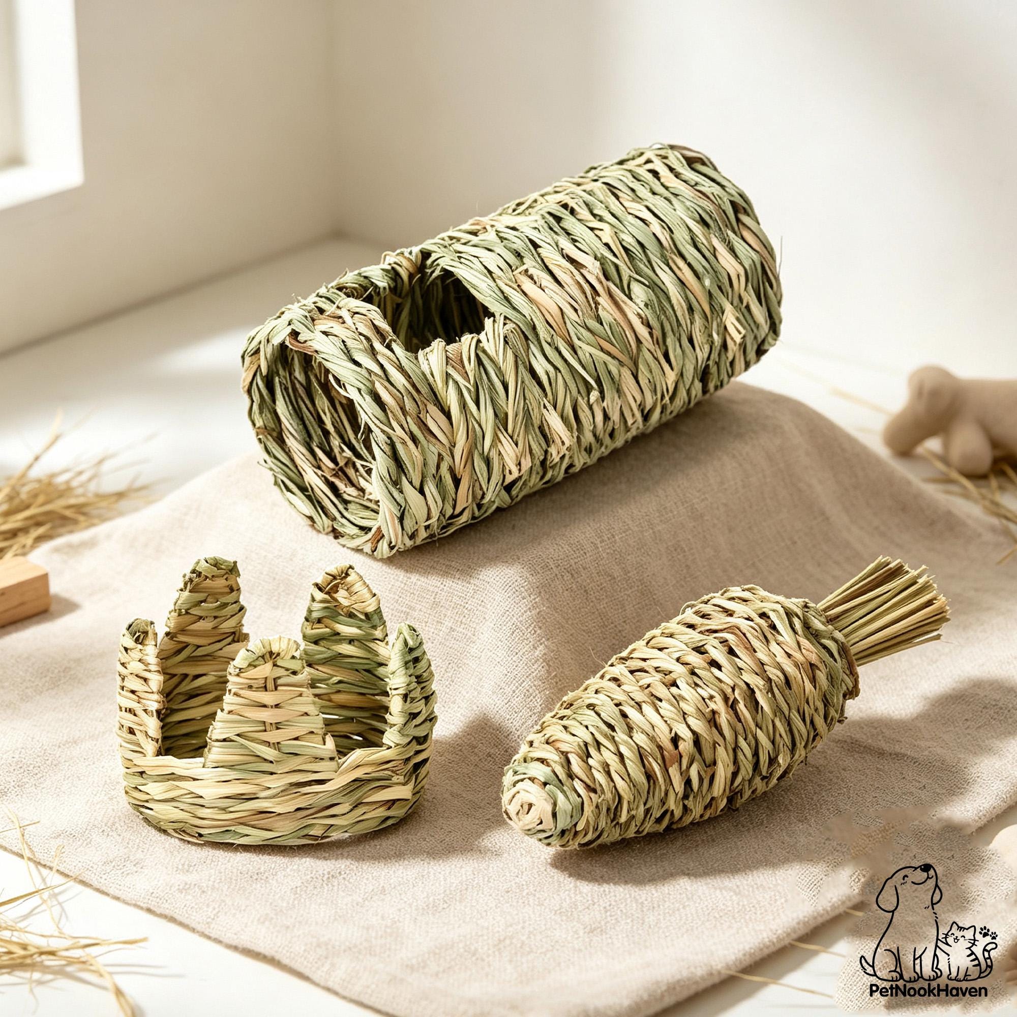 Hand Woven Grass Small Pet Toy Set, Crown Carrot Tunnel Chew Toys for Hamster Guinea Pig Rabbit, Natural Straw Cage Enrichment Accessories