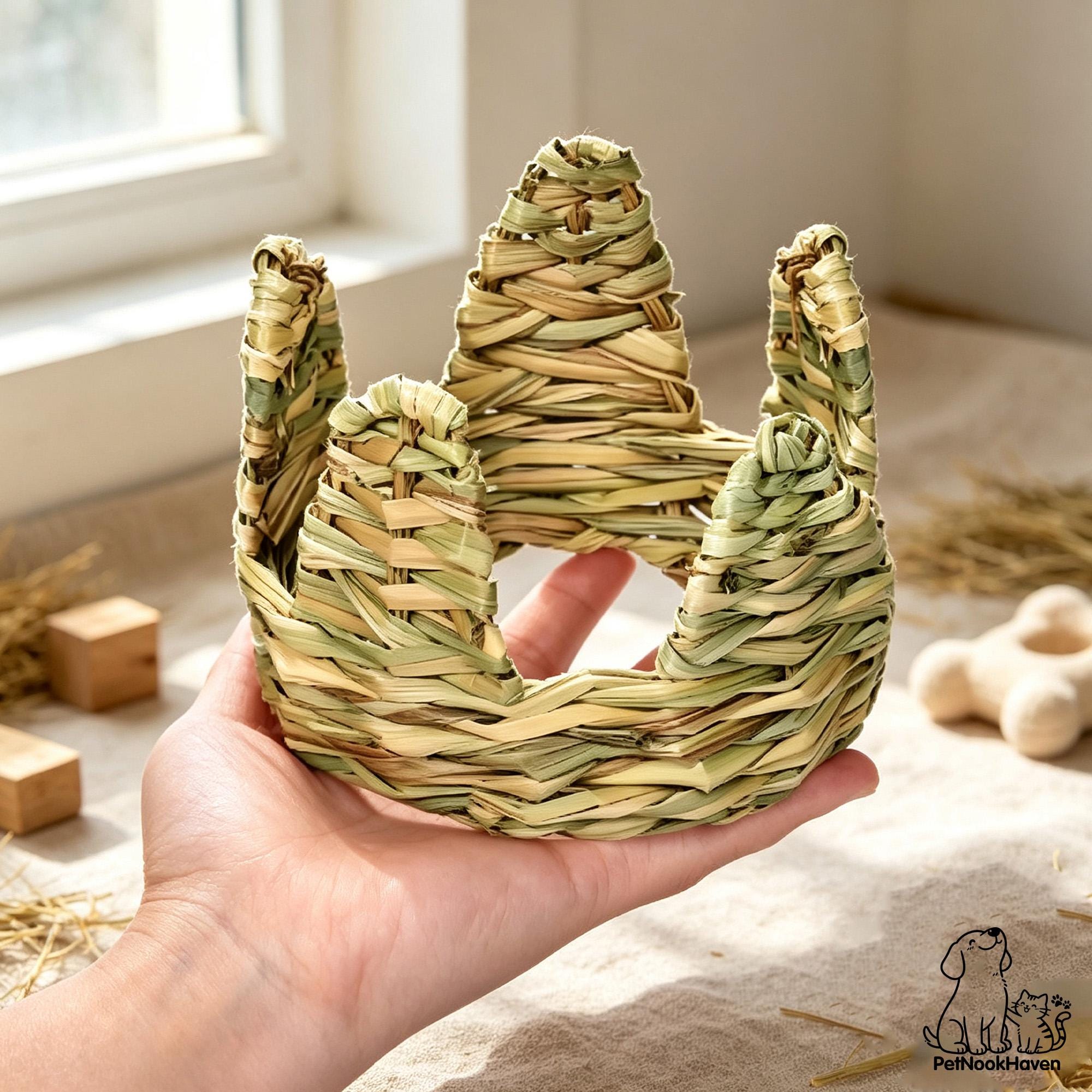 Hand Woven Grass Small Pet Toy Set, Crown Carrot Tunnel Chew Toys for Hamster Guinea Pig Rabbit, Natural Straw Cage Enrichment Accessories