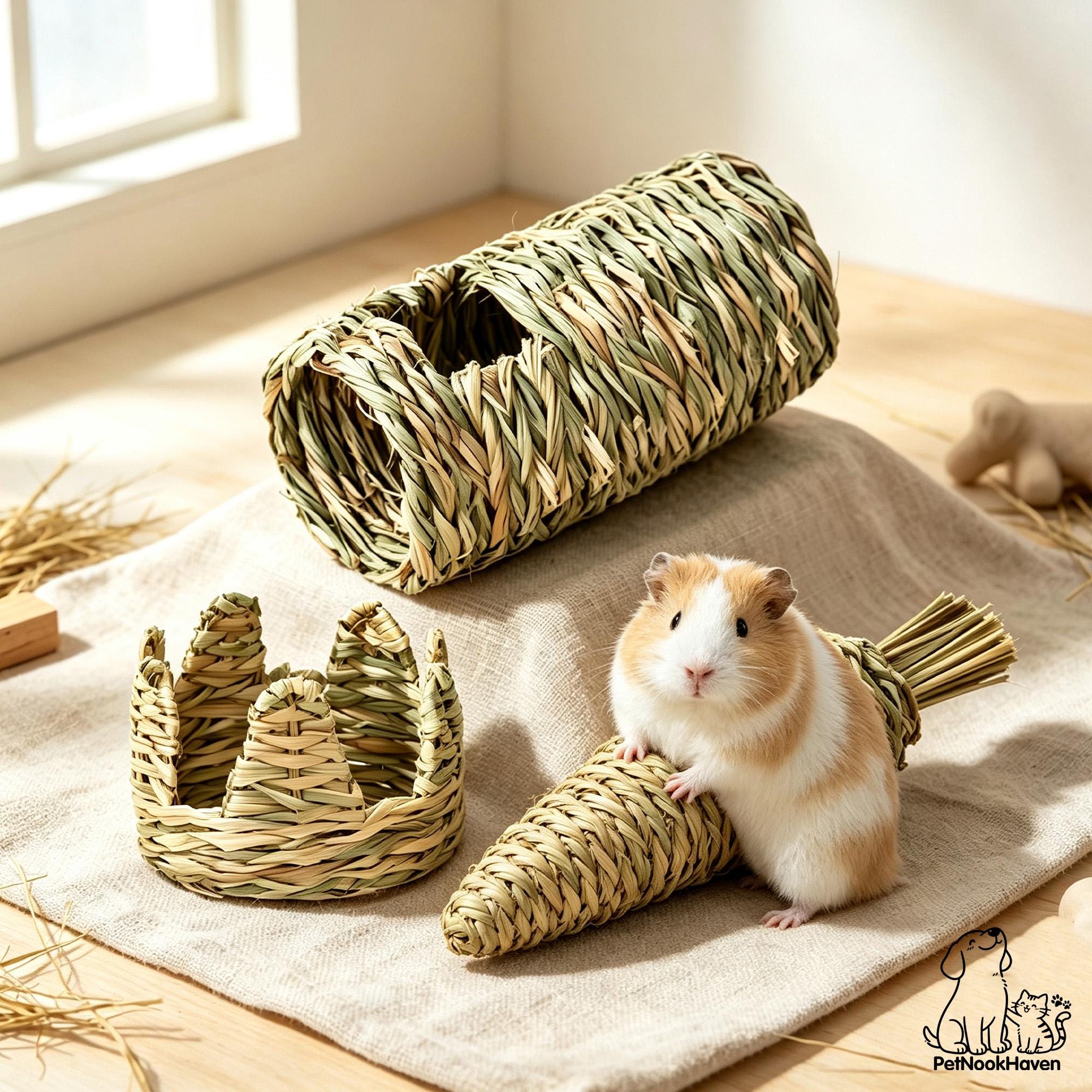 Hand Woven Grass Small Pet Toy Set, Crown Carrot Tunnel Chew Toys for Hamster Guinea Pig Rabbit, Natural Straw Cage Enrichment Accessories