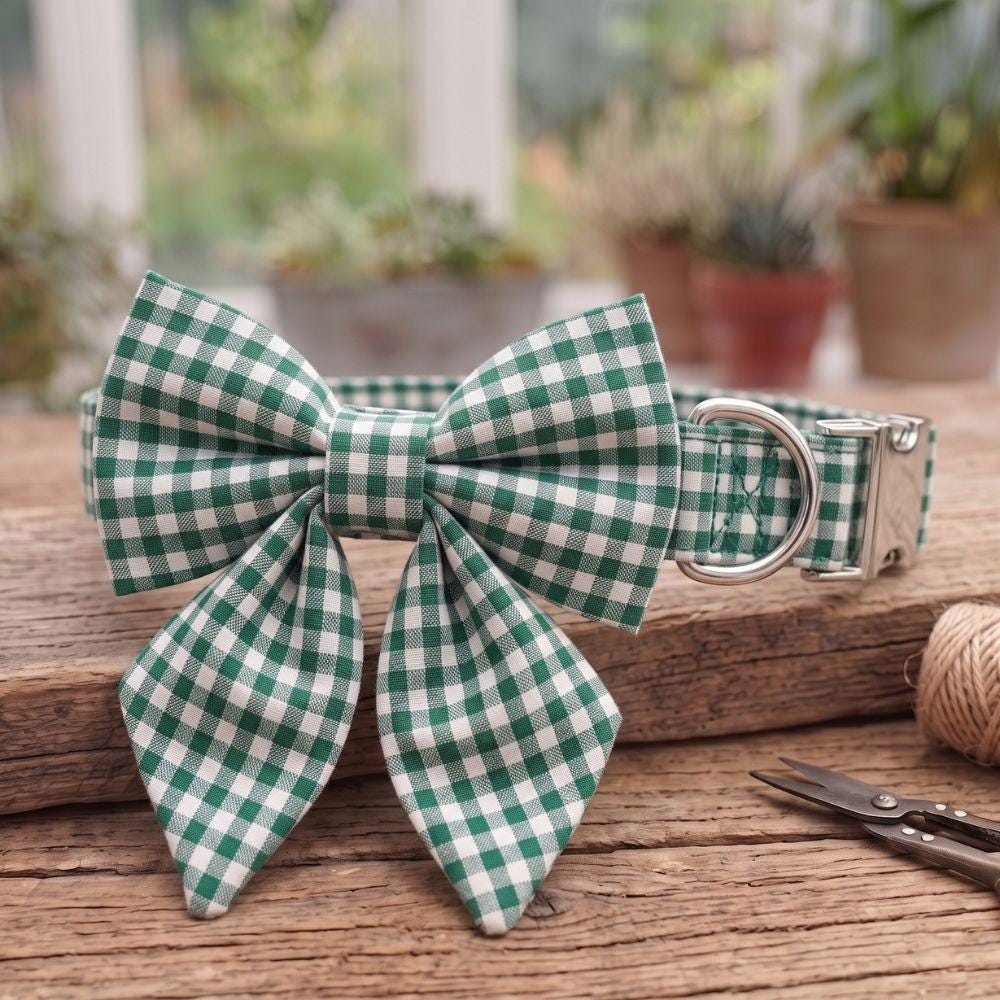 Green Gingham Dog Harness & Sailor Bow Collar Set, Custom Engraved Dog Collar, Dog Walking Set, Personalized Dog Gift Set, Dog Leash