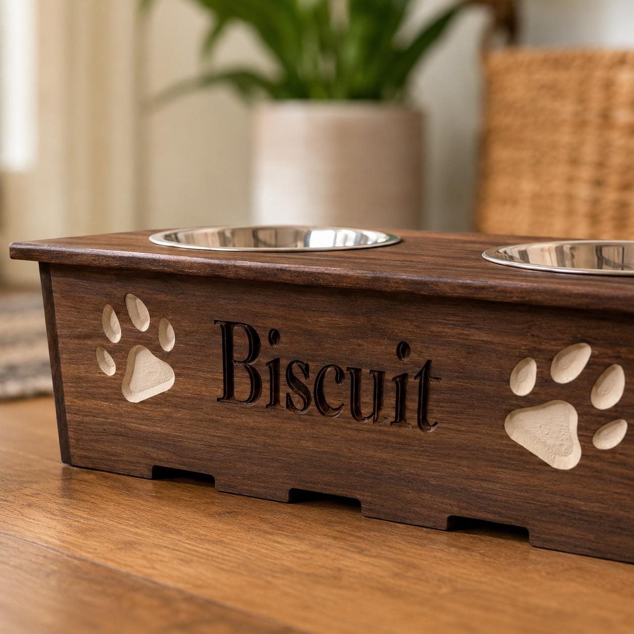 Personalized Solid Wood Dog Feeder Stand: Walnut or Maple, Stainless Steel Bowls