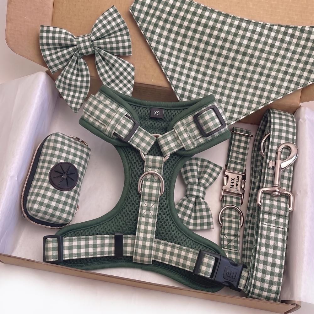 Green Gingham Dog Harness & Sailor Bow Collar Set, Custom Engraved Dog Collar, Dog Walking Set, Personalized Dog Gift Set, Dog Leash