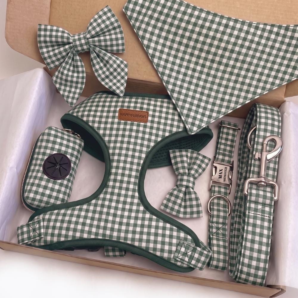 Green Gingham Dog Harness & Sailor Bow Collar Set, Custom Engraved Dog Collar, Dog Walking Set, Personalized Dog Gift Set, Dog Leash