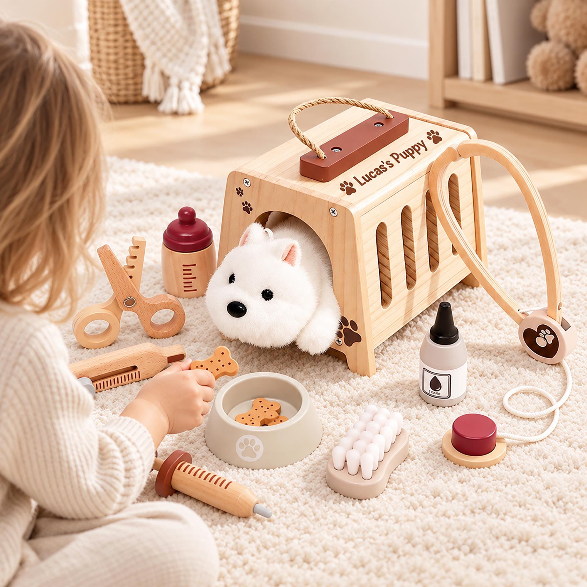 Personalized Puppy Care Play Set, Custom Name Wooden Pet Carrier Toy, Pretend Vet Kit for Kids, Plush Dog Gift, Toddler Birthday Gift