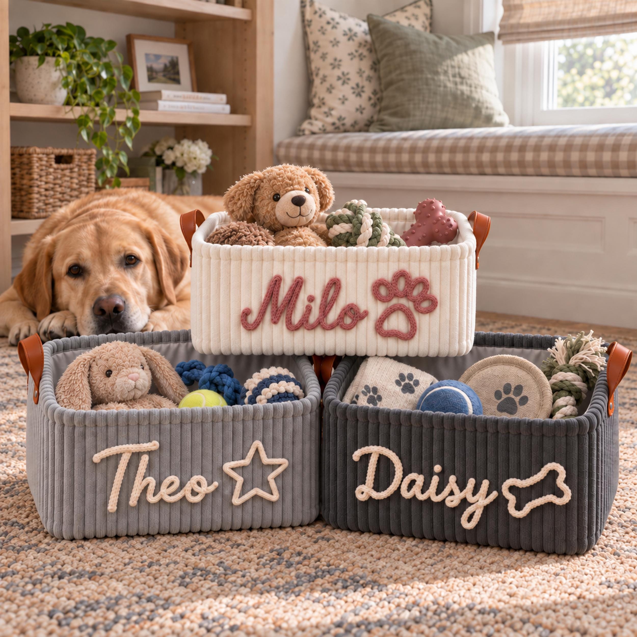 Personalized Dog Storage Basket, Custom Pet Toy Bin, Corduroy Puppy Organizer