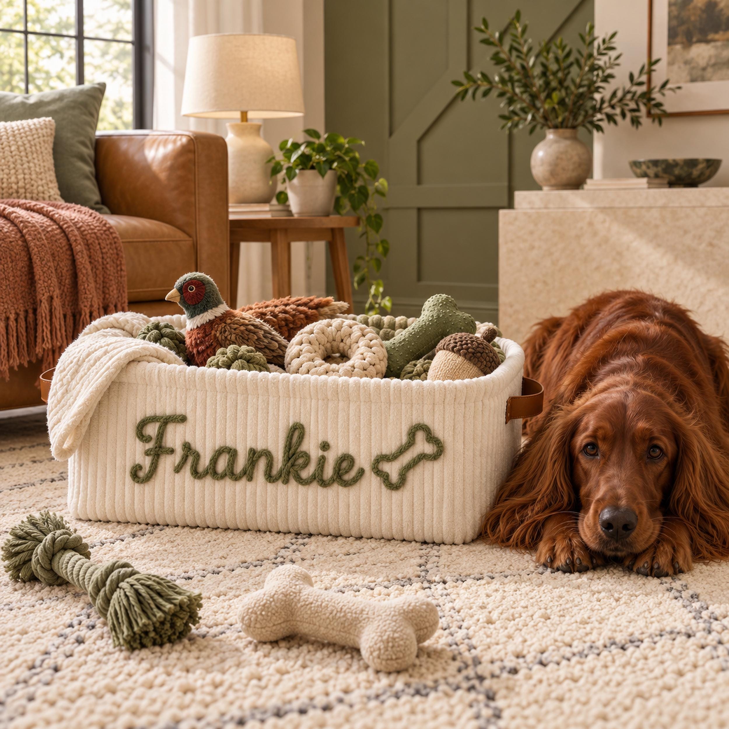Personalized Dog Storage Basket, Custom Pet Toy Bin, Corduroy Puppy Organizer