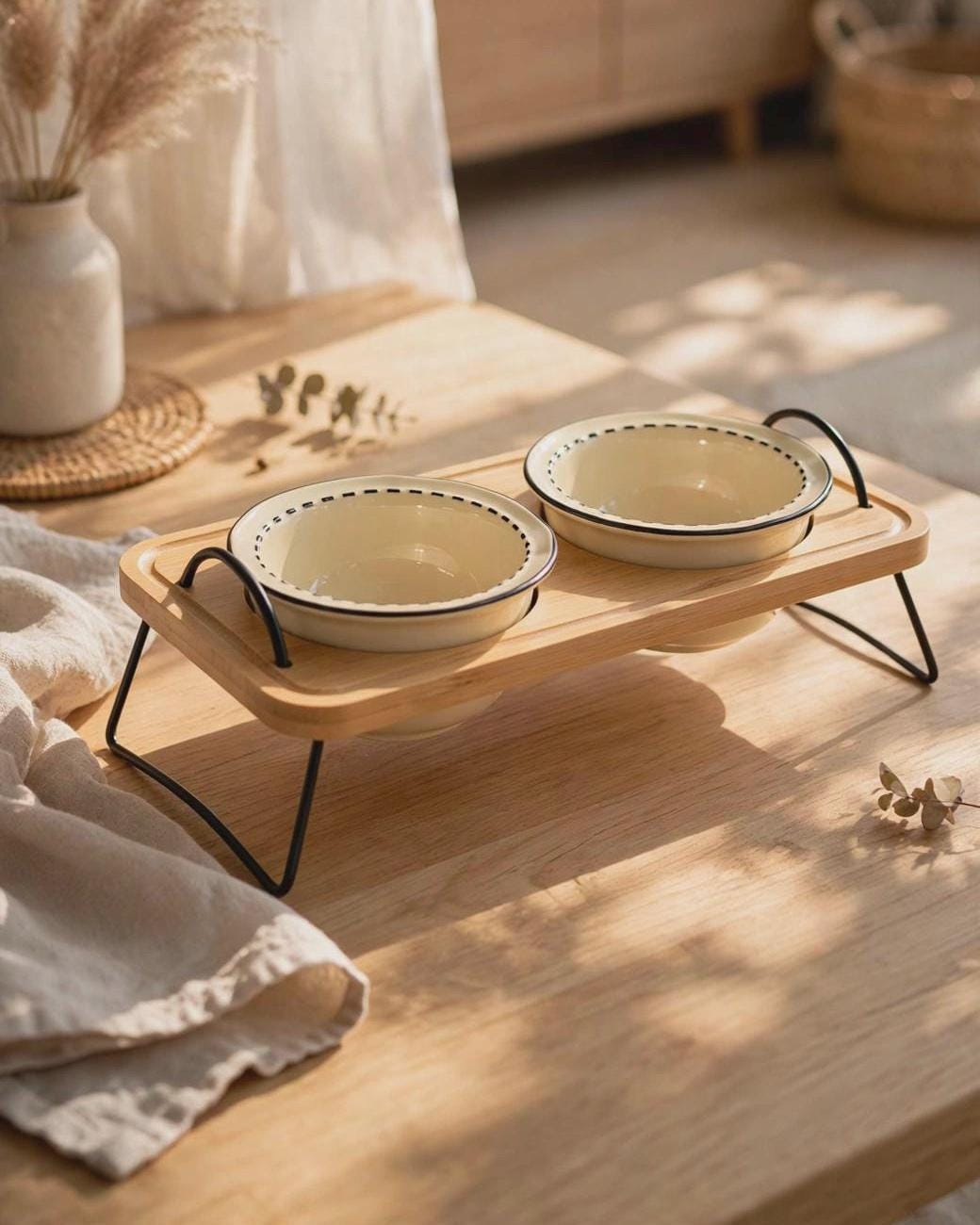 Elevated Bamboo Pet Feeder with Double Ceramic Bowls