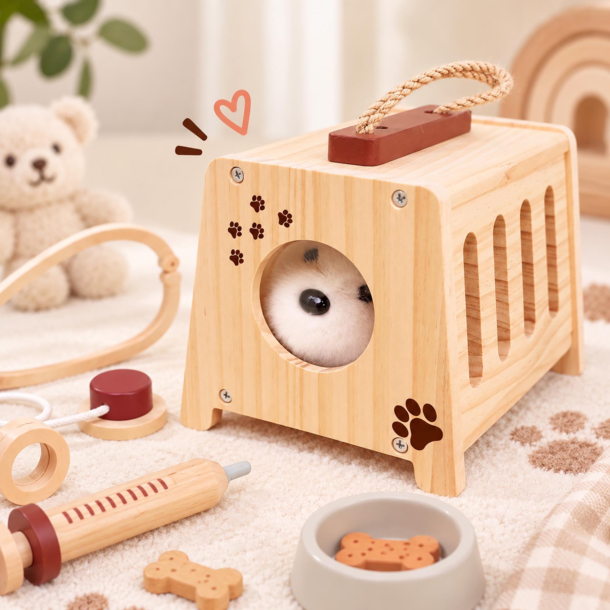 Personalized Puppy Care Play Set, Custom Name Wooden Pet Carrier Toy, Pretend Vet Kit for Kids, Plush Dog Gift, Toddler Birthday Gift