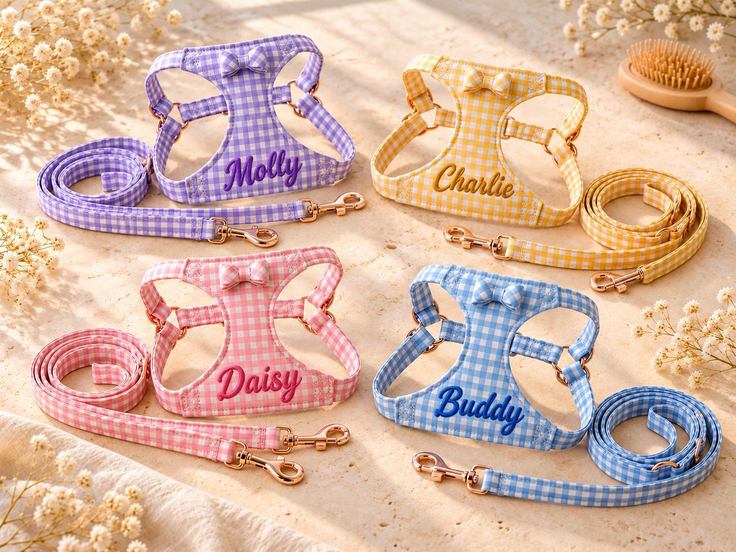 Personalized Dog Harness and Leash Set, Custom Embroidered Name Puppy Harness, Gingham Plaid Pet Vest