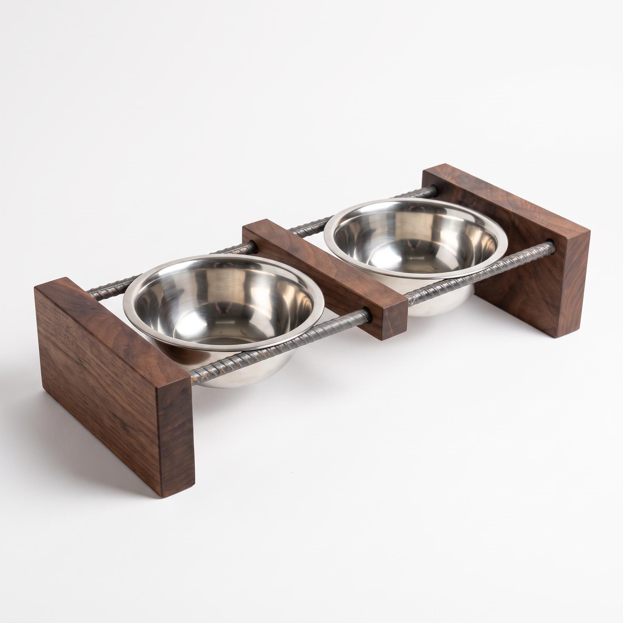 Elevated Dog Bowl Stand, Solid Wood Raised Pet Feeder, Stainless Steel Bowls