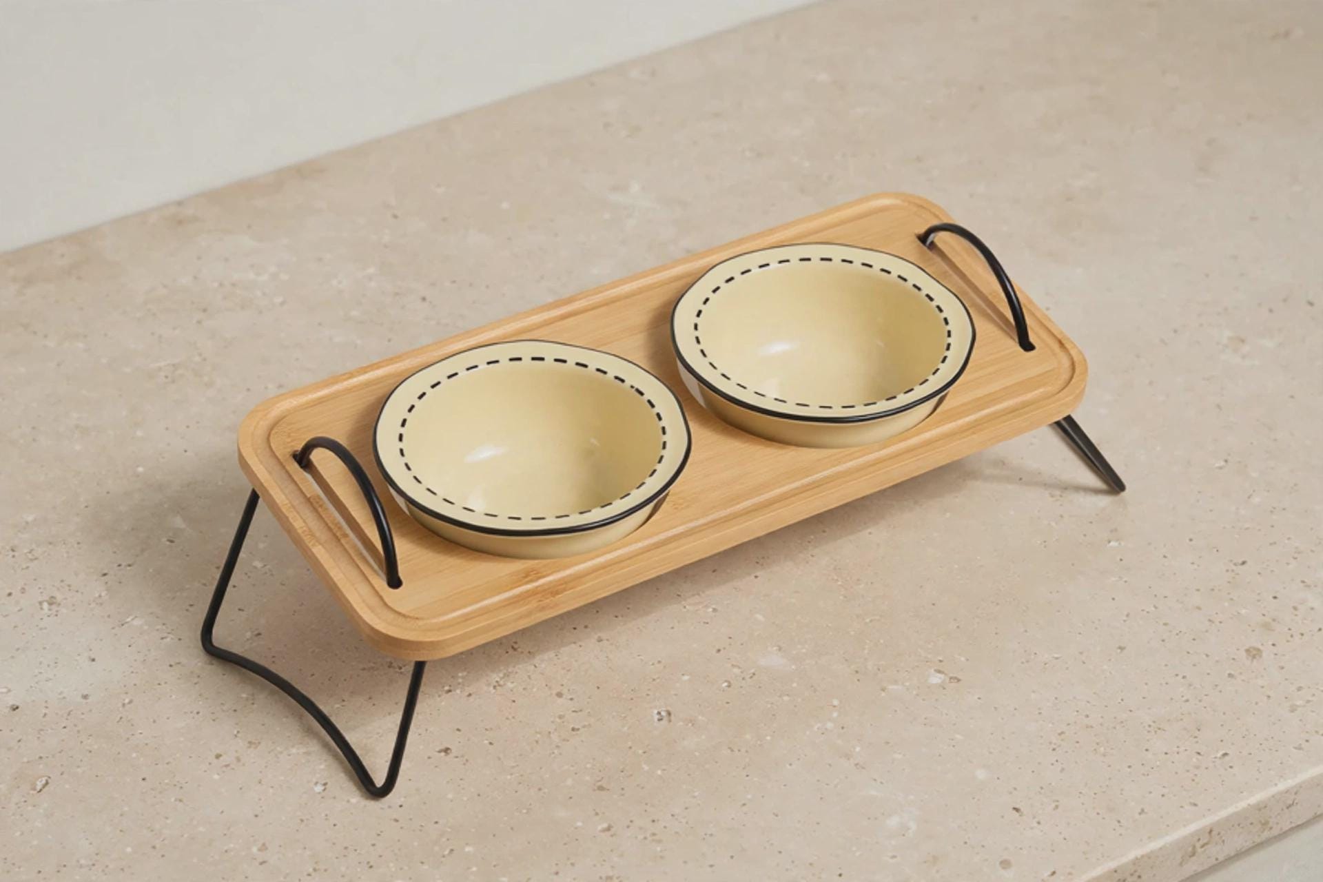 Elevated Bamboo Pet Feeder with Double Ceramic Bowls