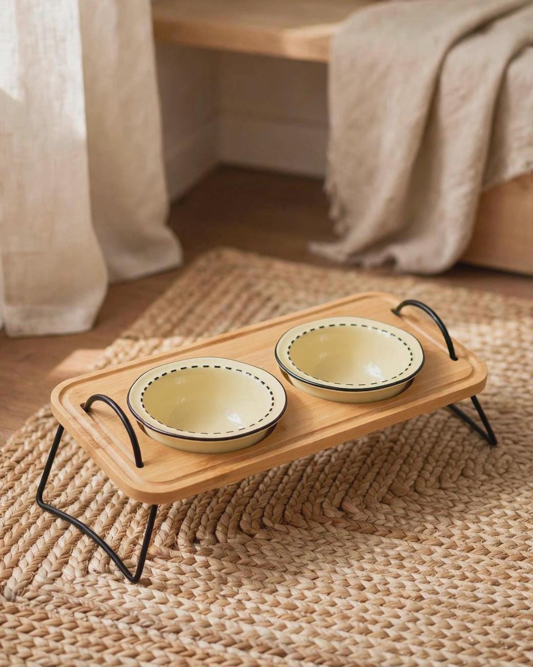 Elevated Bamboo Pet Feeder with Double Ceramic Bowls
