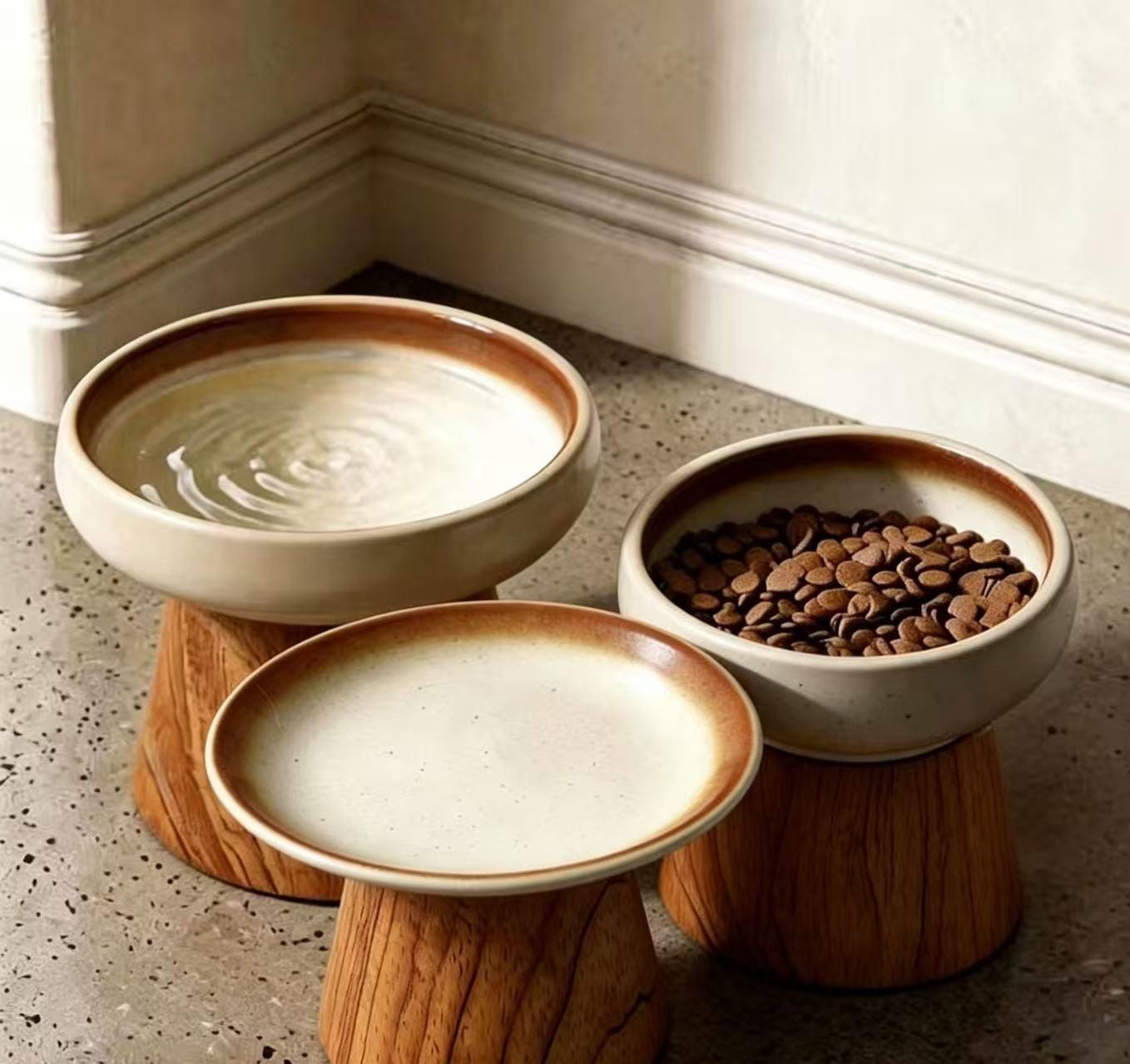 Elevated Ceramic Cat Bowl with Wood Stand, Raised Pet Feeder, Whisker Friendly Shallow Dish